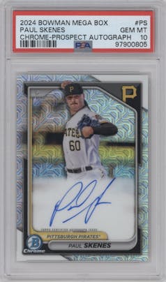 Paul Skenes from the 2024 Bowman Mega Box set graded by PSA and given an overall grade of 10.