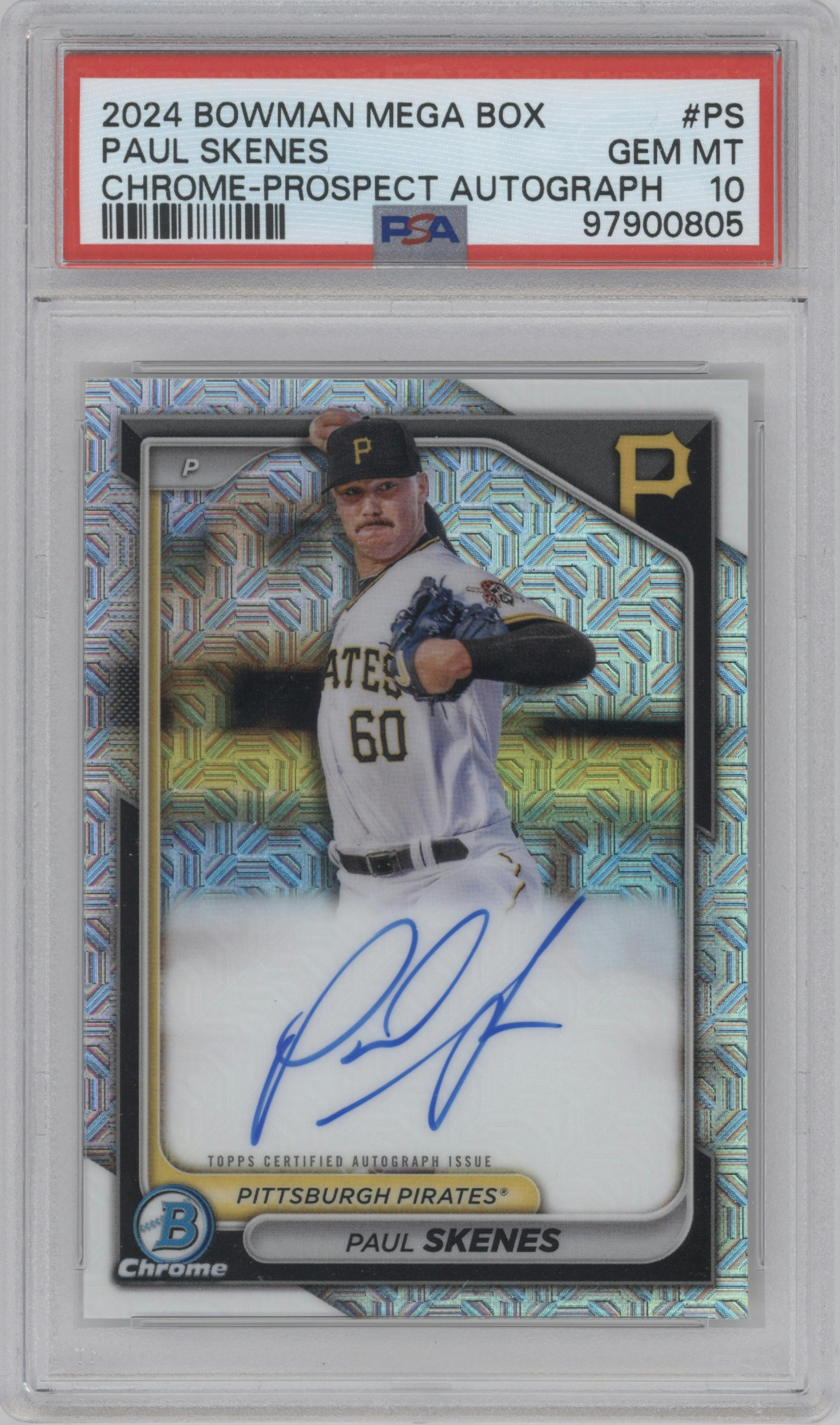 Paul Skenes from the 2024 Bowman Mega Box set graded by PSA and given an overall grade of 10.