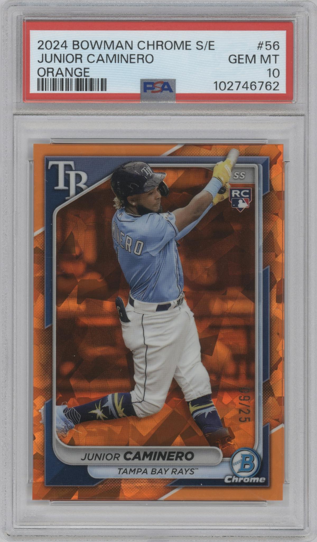 Junior Caminero from the 2024 Bowman Chrome Sapphire set featuring a Orange parallel graded by PSA and given an overall grade of 10.