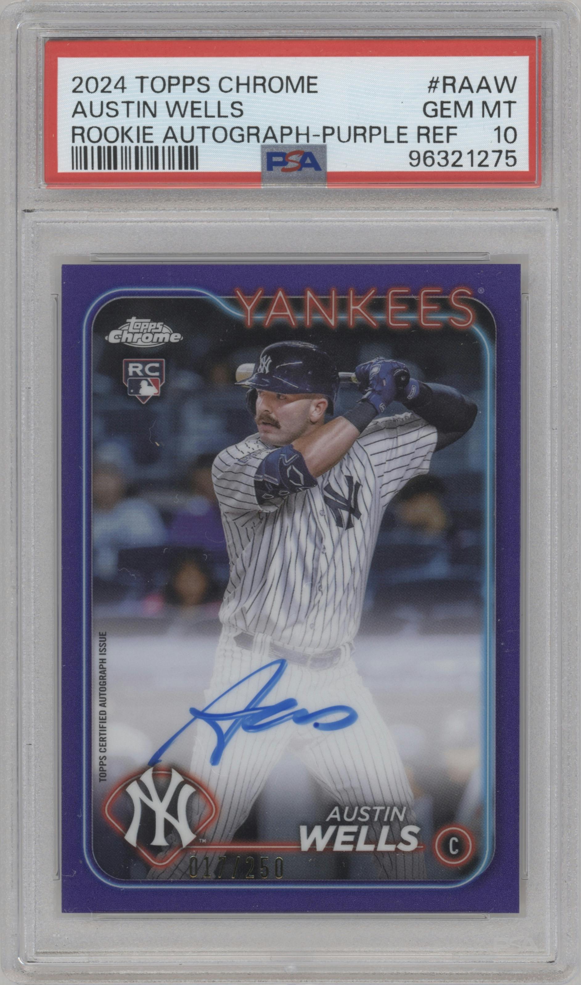 Austin Wells from the 2024 Topps Chrome set featuring a Purple Refractor parallel graded by PSA and given an overall grade of 10.