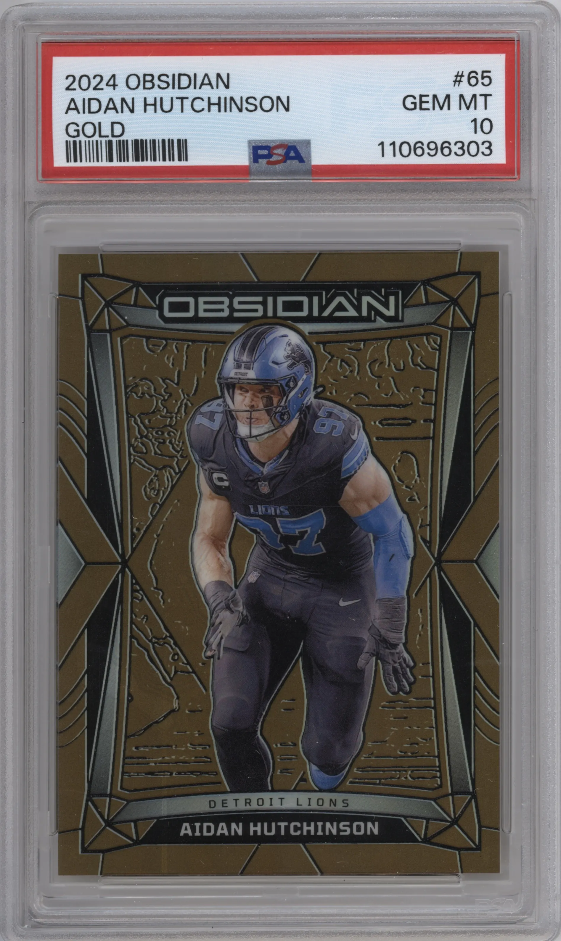 Aidan Hutchinson from the 2024 Panini Obsidian set featuring a Gold parallel graded by PSA and given an overall grade of 10.
