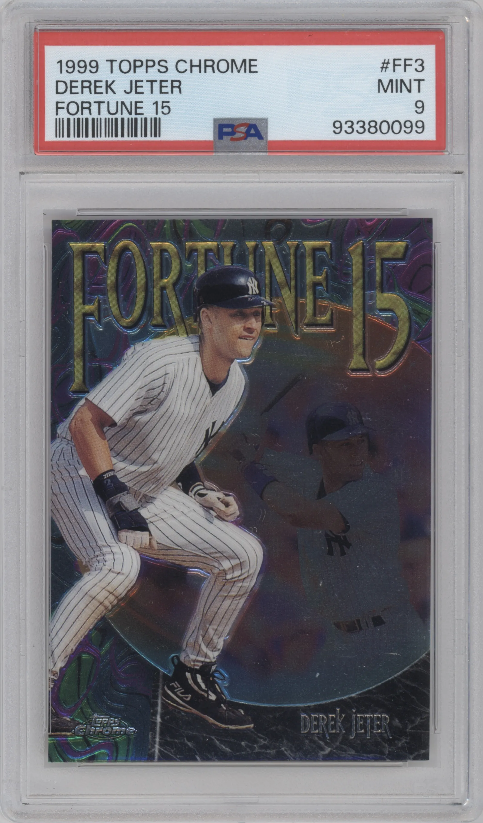 Derek Jeter from the 1999 Topps Chrome set graded by PSA and given an overall grade of 9.