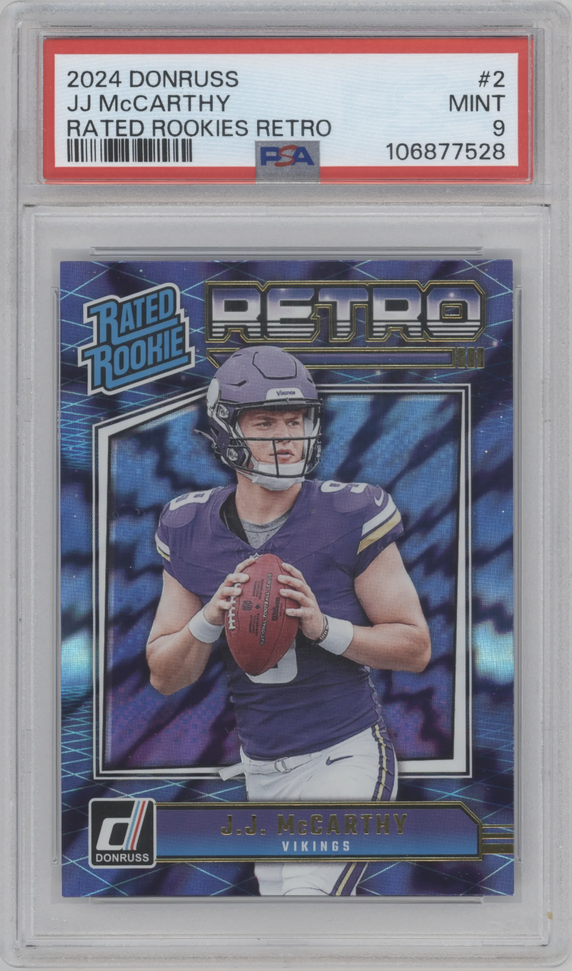 J.J. McCarthy from the 2024 Donruss set graded by PSA and given an overall grade of 9.