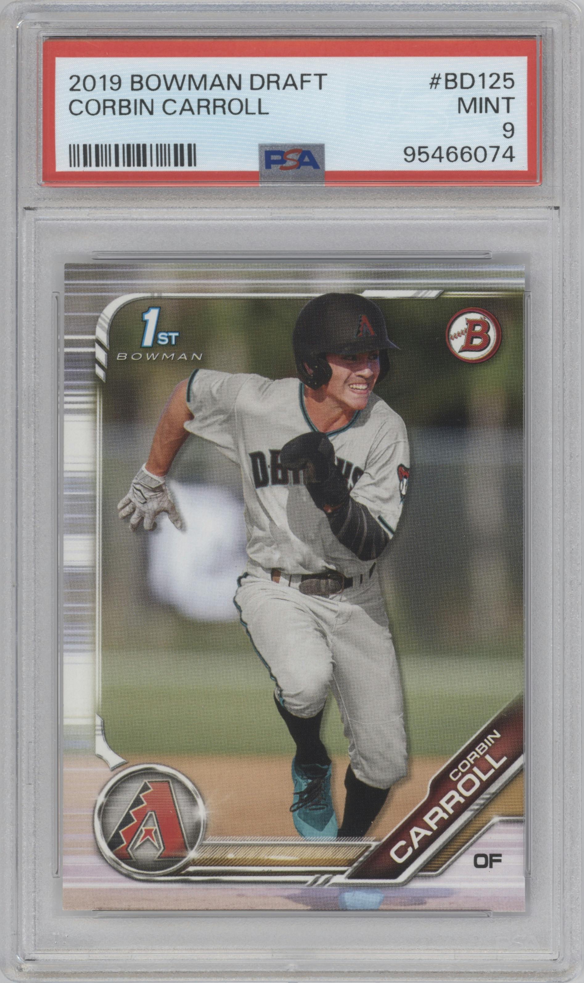 Corbin Carroll from the 2019 Bowman Draft set graded by PSA and given an overall grade of 9.