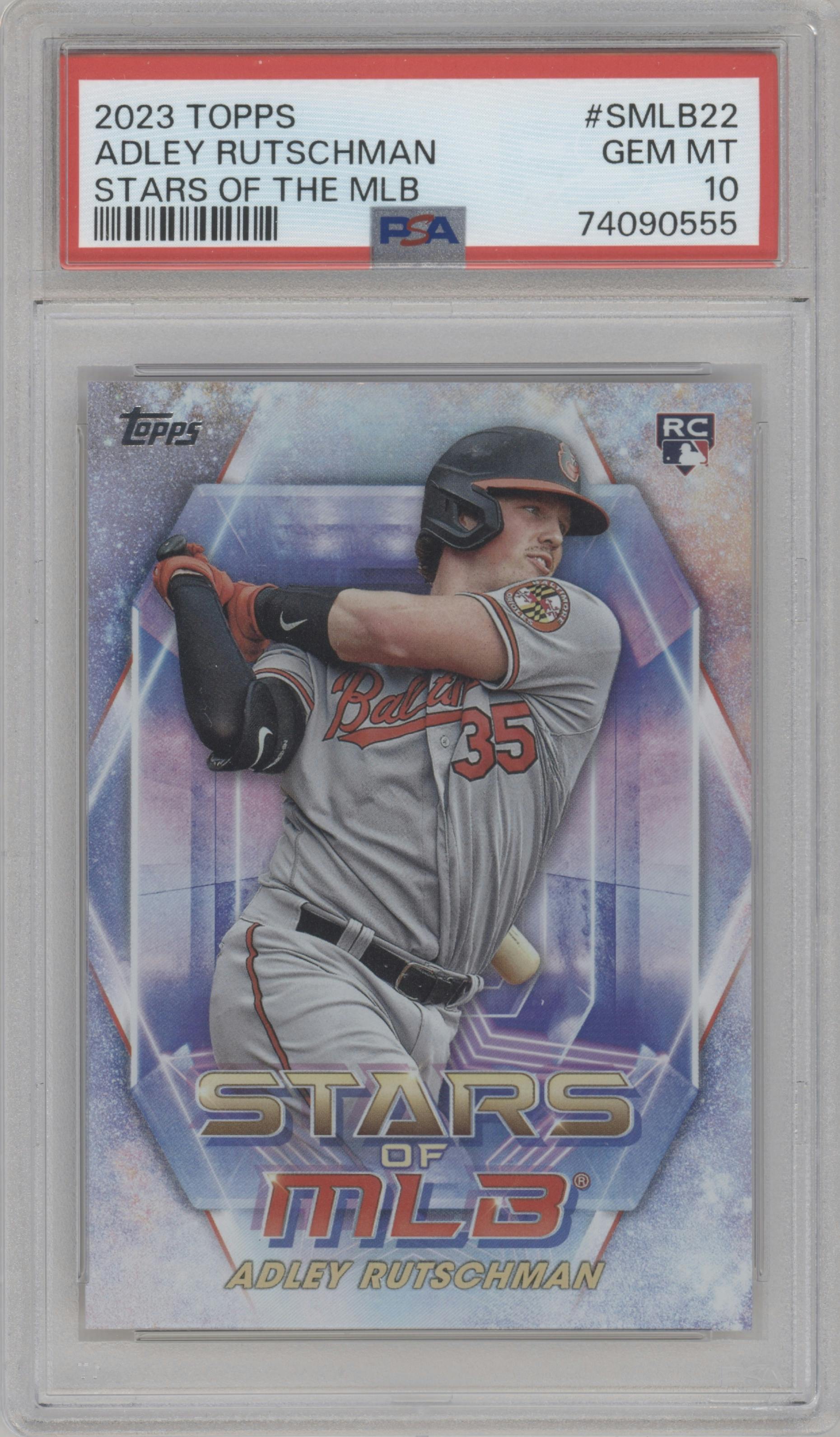 Adley Rutschman from the 2023 Topps Series 1 set graded by PSA and given an overall grade of 10.