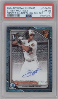 Stiven Martinez  from the 2024 Bowman Chrome set featuring a Reptilian Blue Refractor parallel graded by PSA and given an overall grade of 10.