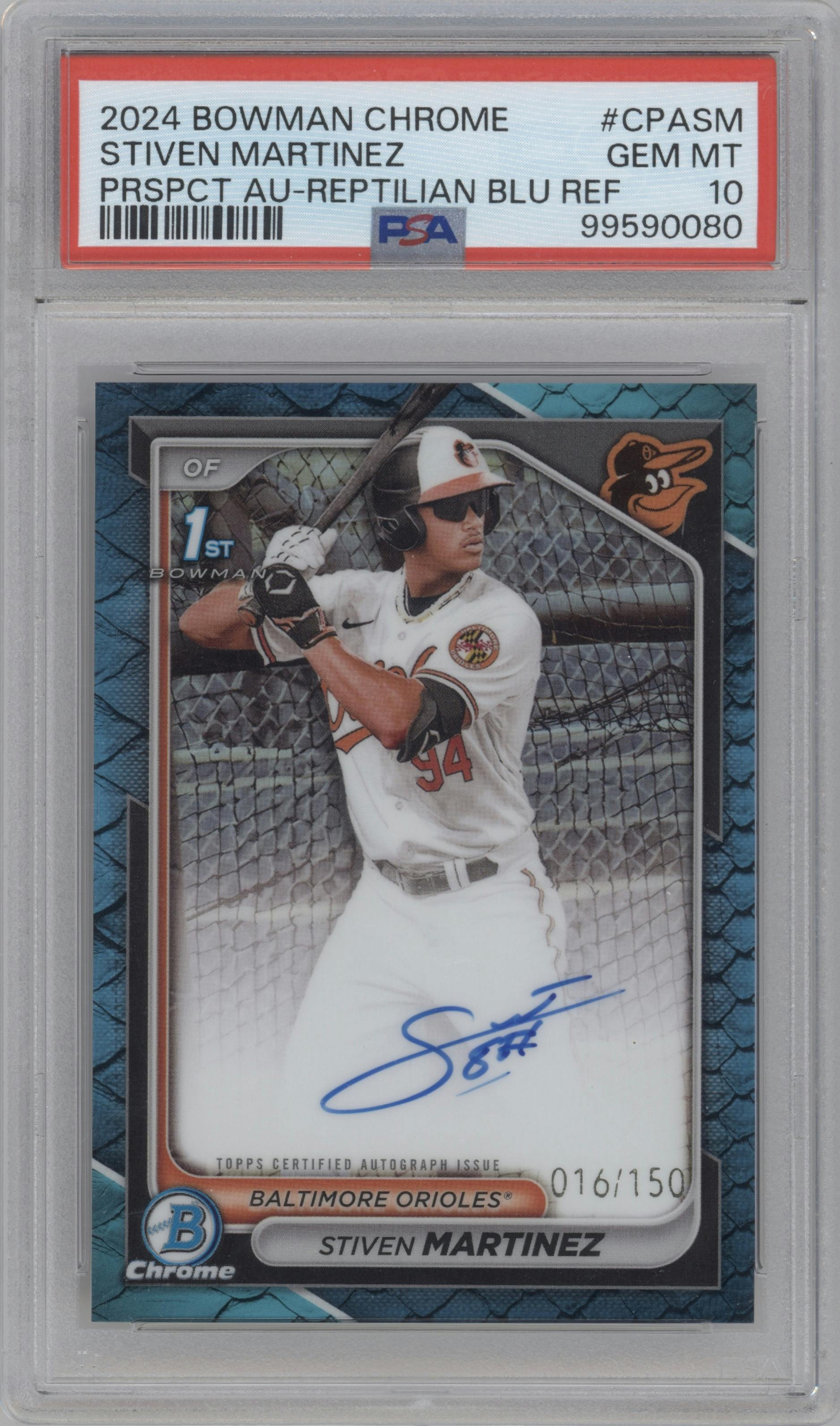 Stiven Martinez  from the 2024 Bowman Chrome set featuring a Reptilian Blue Refractor parallel graded by PSA and given an overall grade of 10.