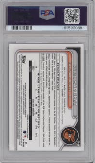 Stiven Martinez  from the 2024 Bowman Chrome set featuring a Reptilian Blue Refractor parallel graded by PSA and given an overall grade of 10.