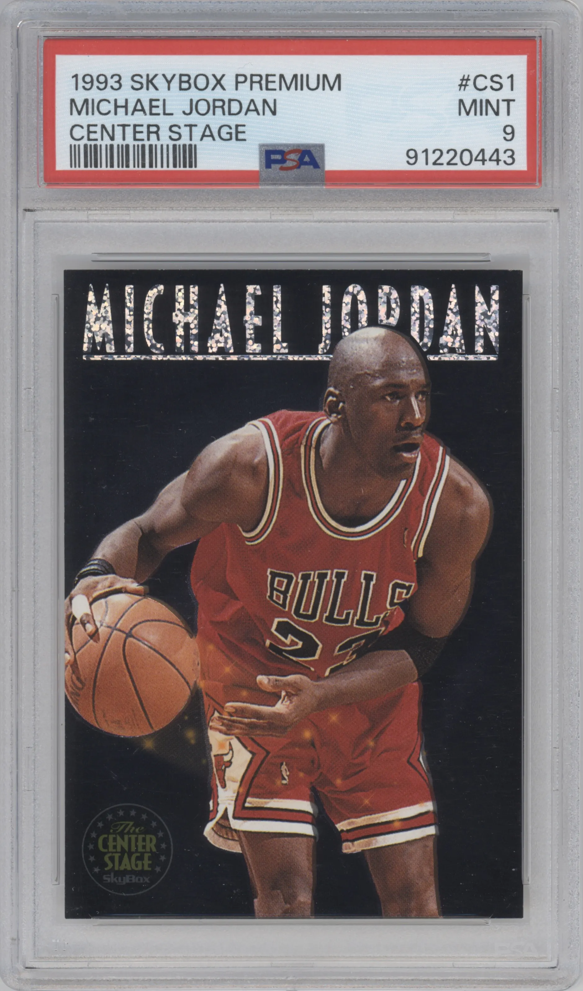 Michael Jordan from the 1993-94 SkyBox Premium set graded by PSA and given an overall grade of 9.