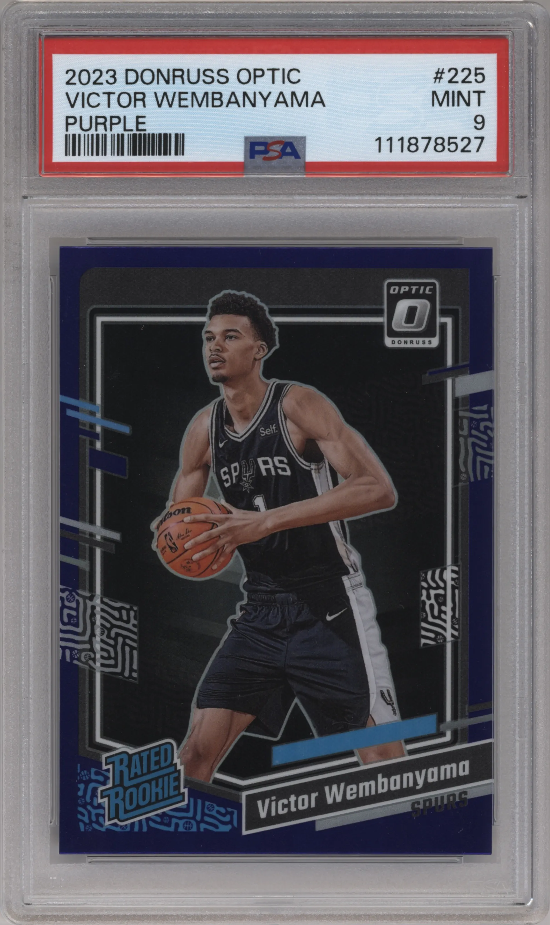 Victor Wembanyama from the 2023-24 Donruss Optic set featuring a Purple parallel graded by PSA and given an overall grade of 9.