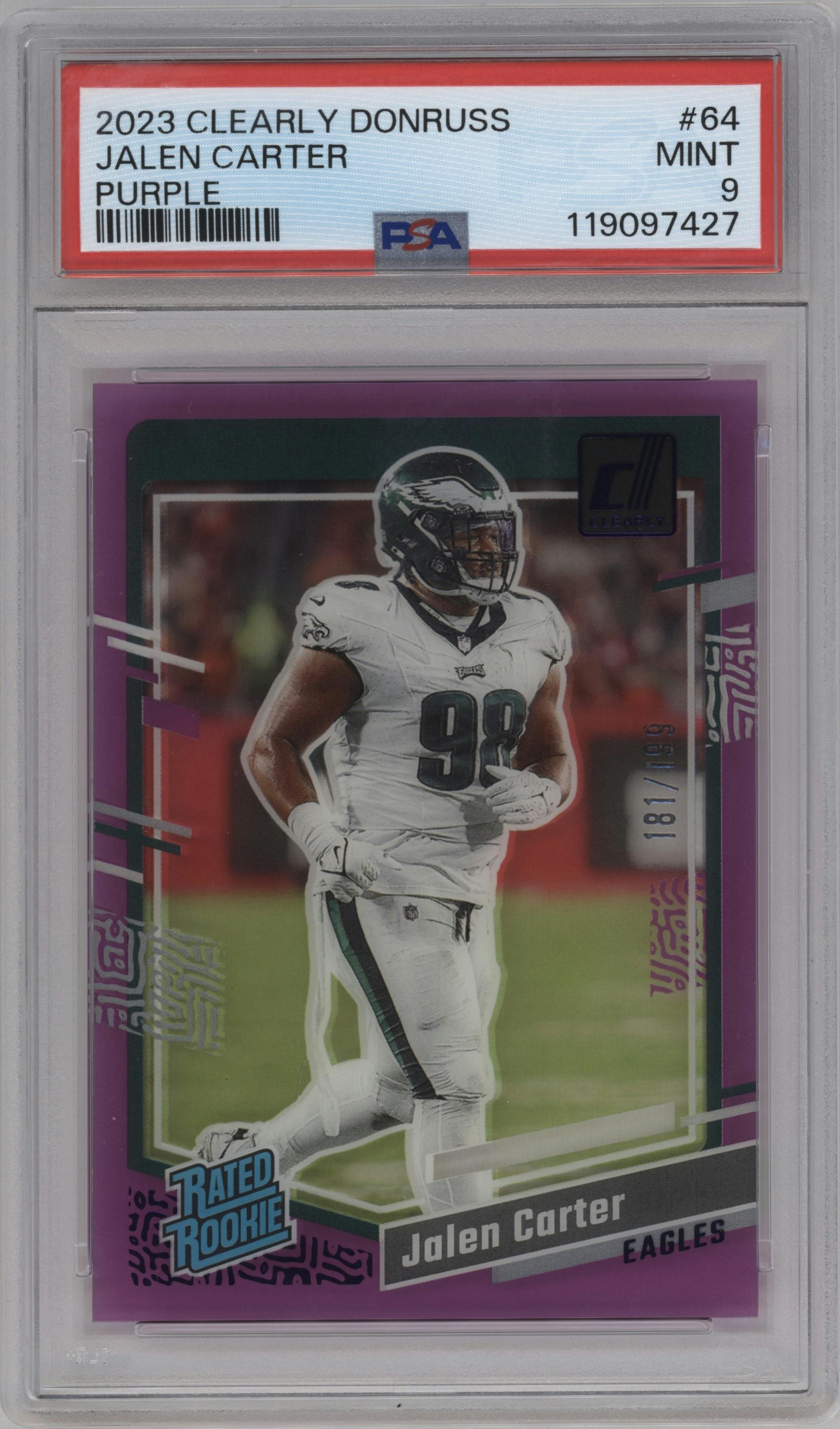 Jalen Carter from the 2023 Clearly Donruss set featuring a Purple parallel graded by PSA and given an overall grade of 9.