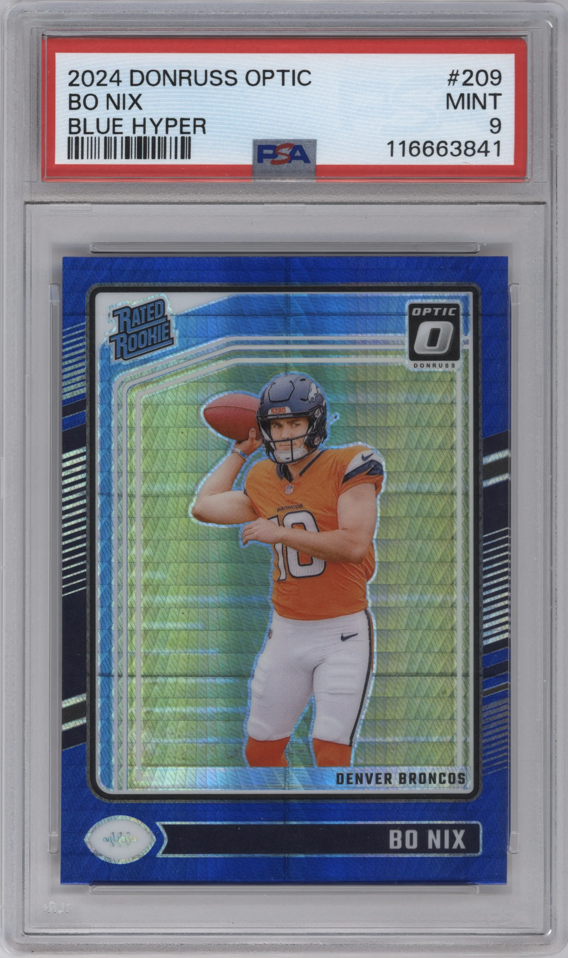 Bo Nix from the 2024 Donruss Optic set featuring a Hyper Blue parallel graded by PSA and given an overall grade of 9.