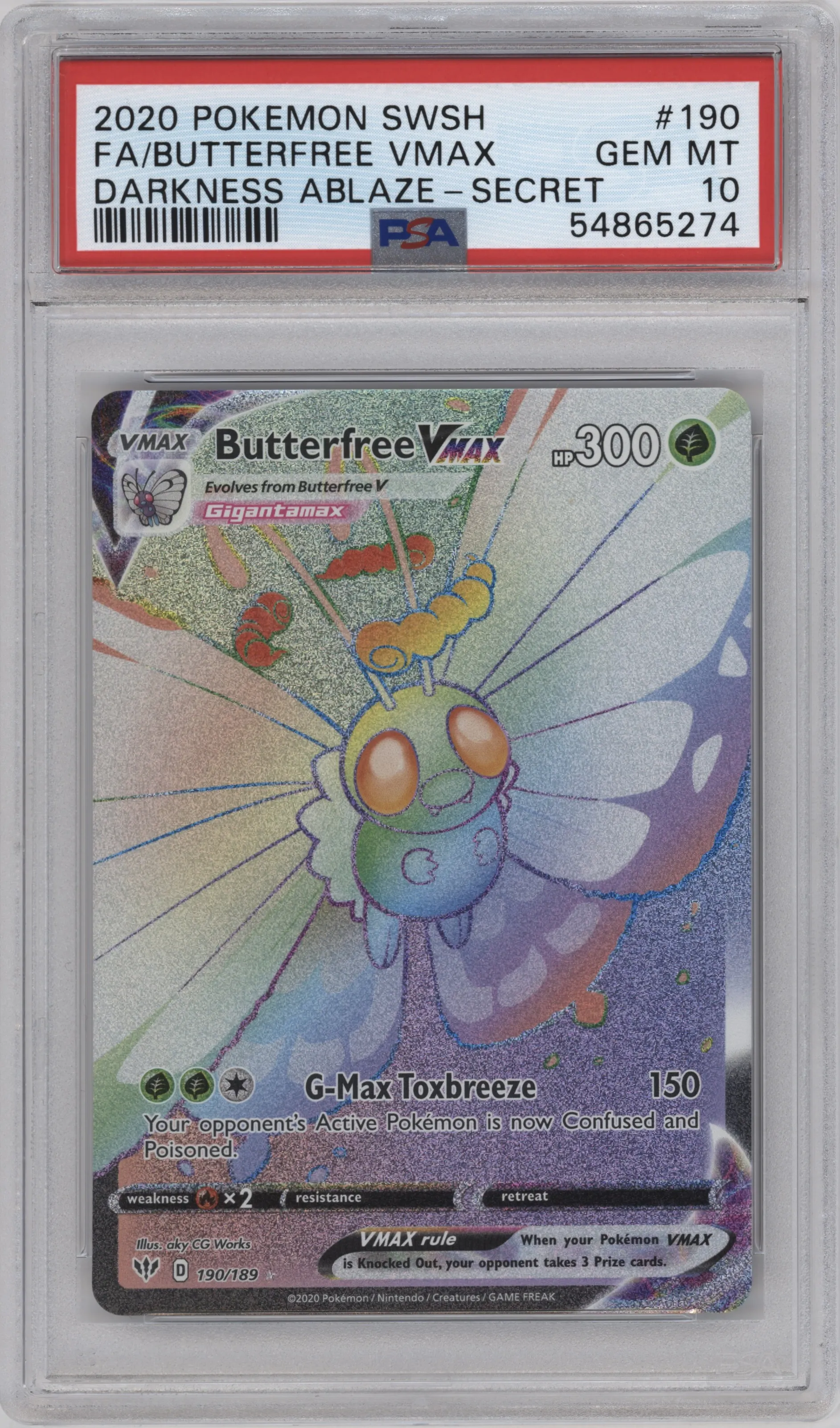 Butterfree VMAX from the 2020 Pokemon SWSH set graded by PSA and given an overall grade of 10.