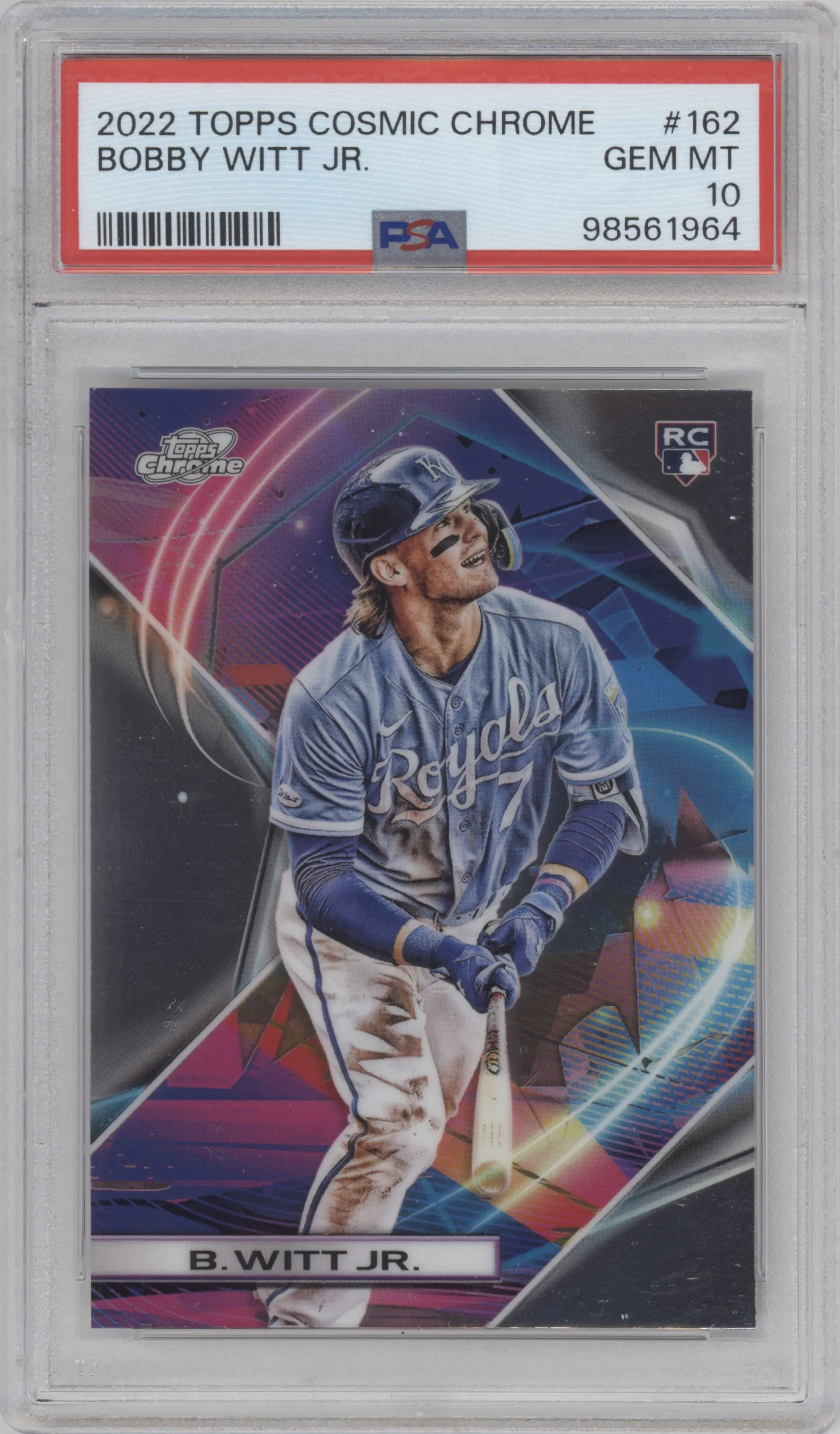 Bobby Witt Jr.  from the 2022 Topps Cosmic Chrome set graded by PSA and given an overall grade of 10.