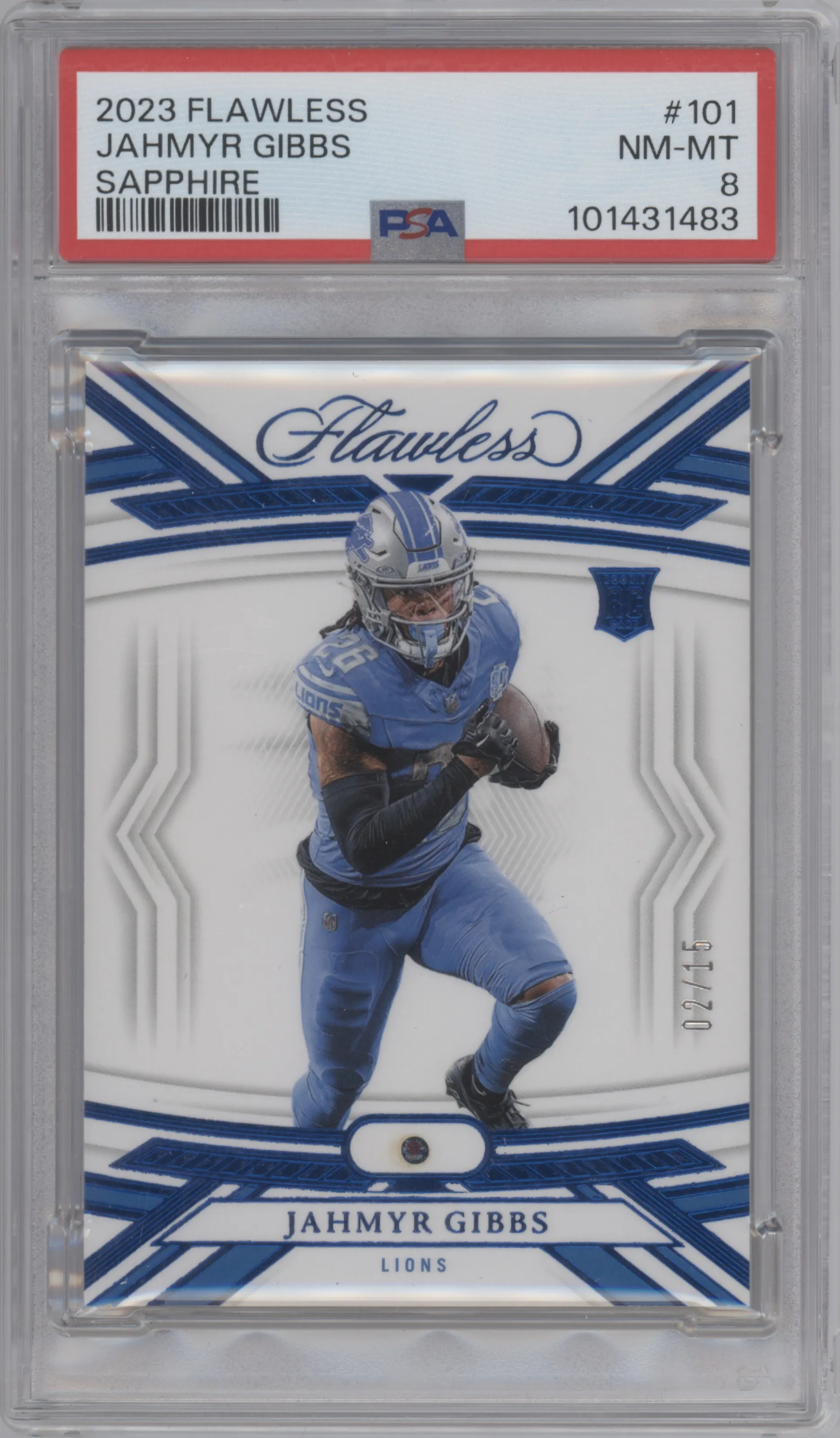 Jahmyr Gibbs from the 2023 Panini Flawless set featuring a Sapphire parallel graded by PSA and given an overall grade of 8.