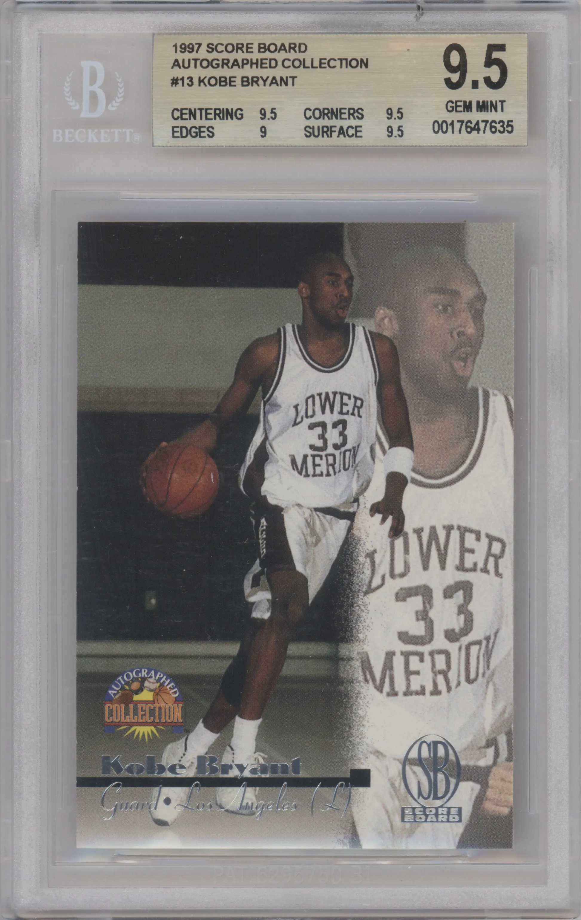 Kobe Bryant  from the 1996-97 Score Board Autographed Collection set graded by Beckett and given an overall grade of 9.5.