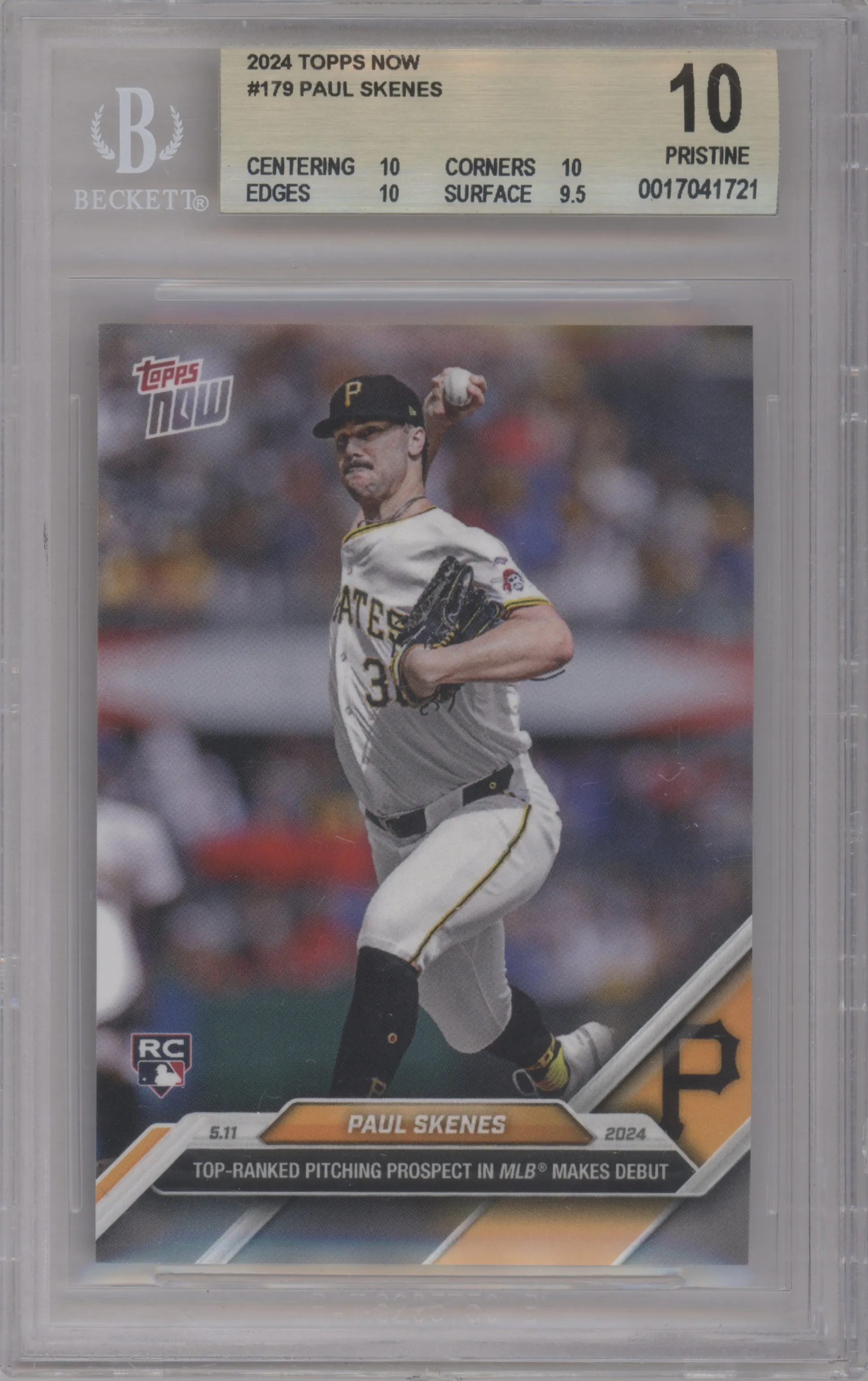 Paul Skenes from the 2024 Topps Now set graded by Beckett and given an overall grade of 10.