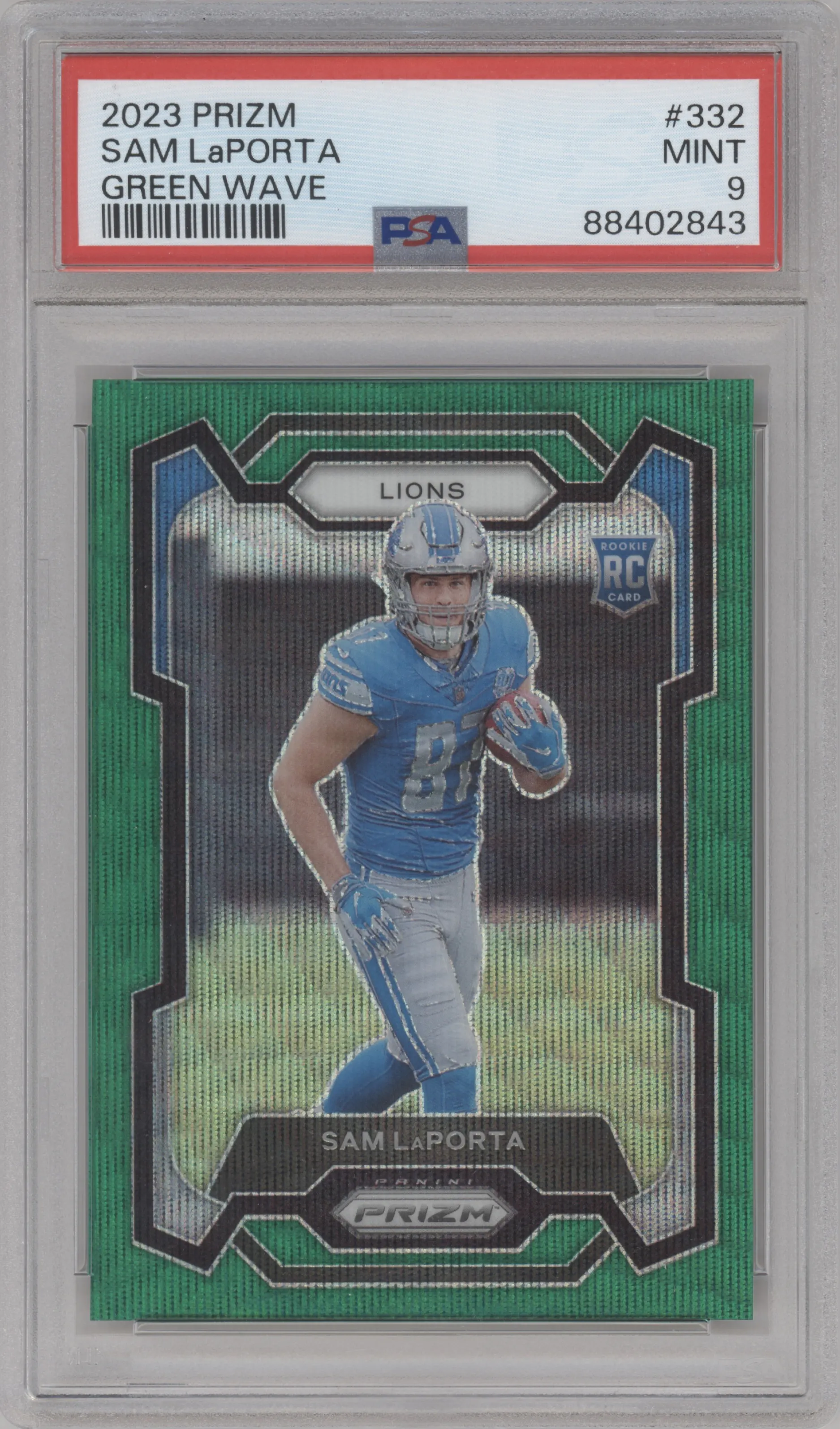 Sam LaPorta from the 2023 Panini Prizm set featuring a Green Wave  parallel graded by PSA and given an overall grade of 9.