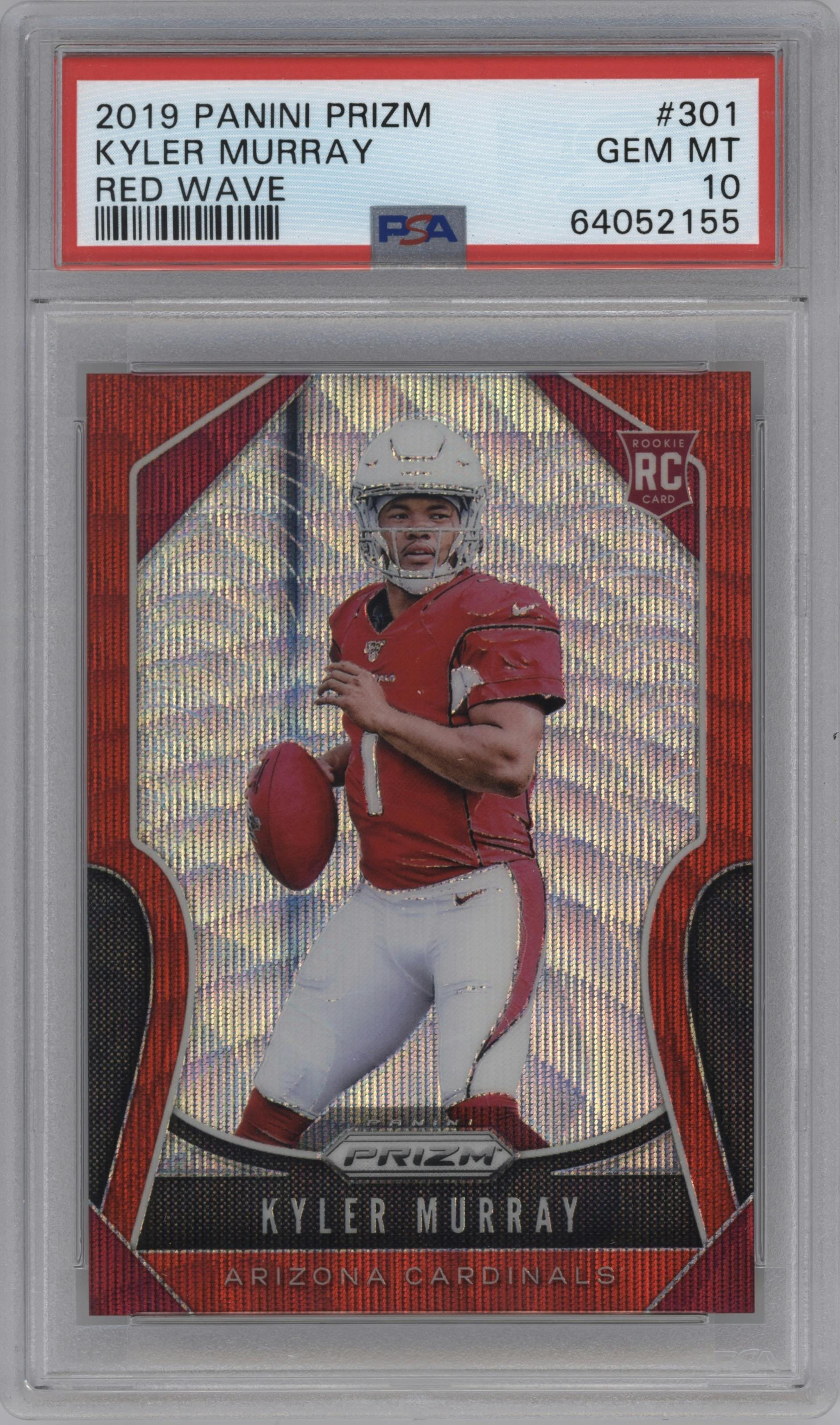 Kyler Murray from the 2019 Panini Prizm set featuring a Red Wave parallel graded by PSA and given an overall grade of 10.
