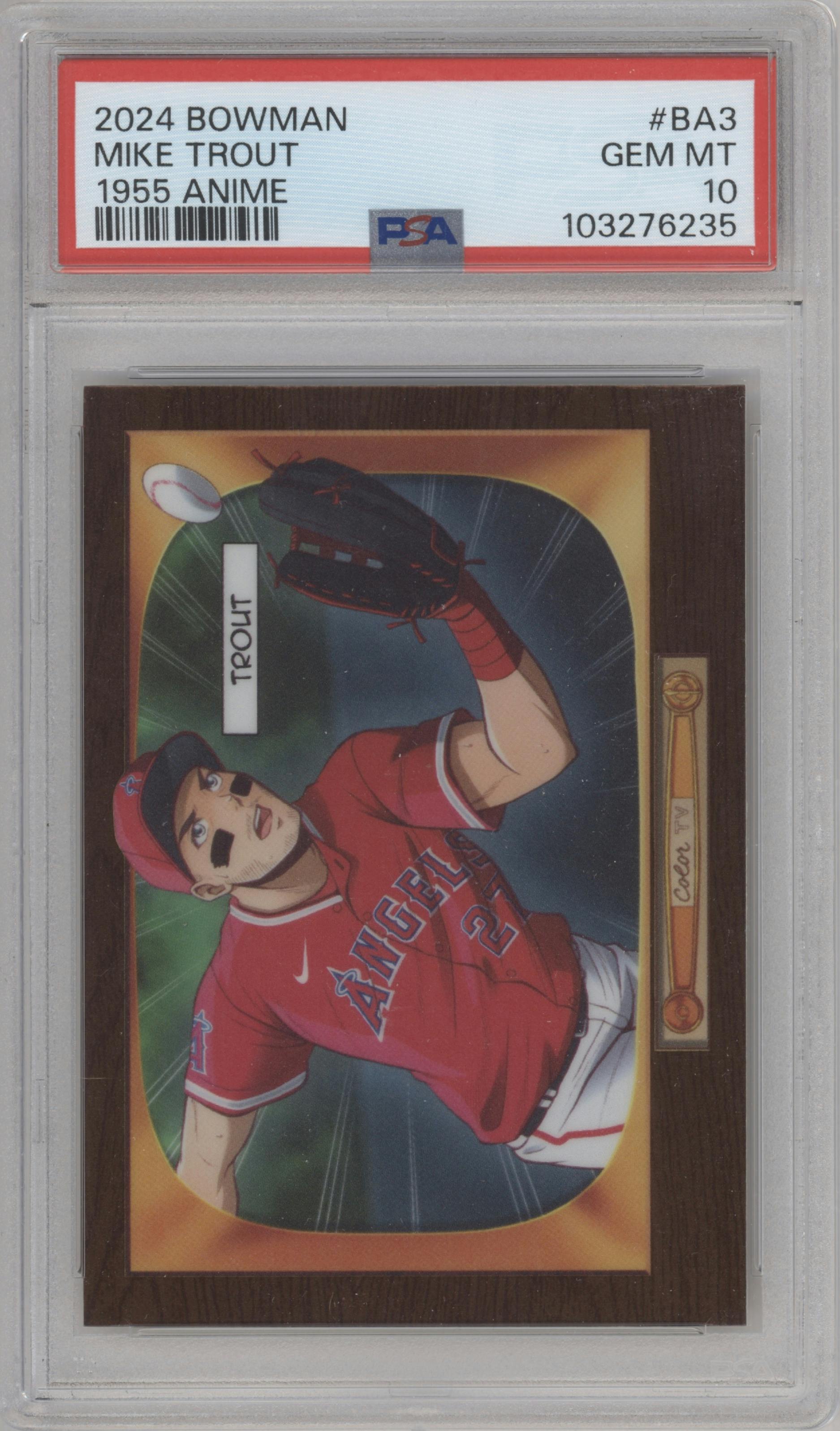 Mike Trout from the 2024 Bowman set graded by PSA and given an overall grade of 10.