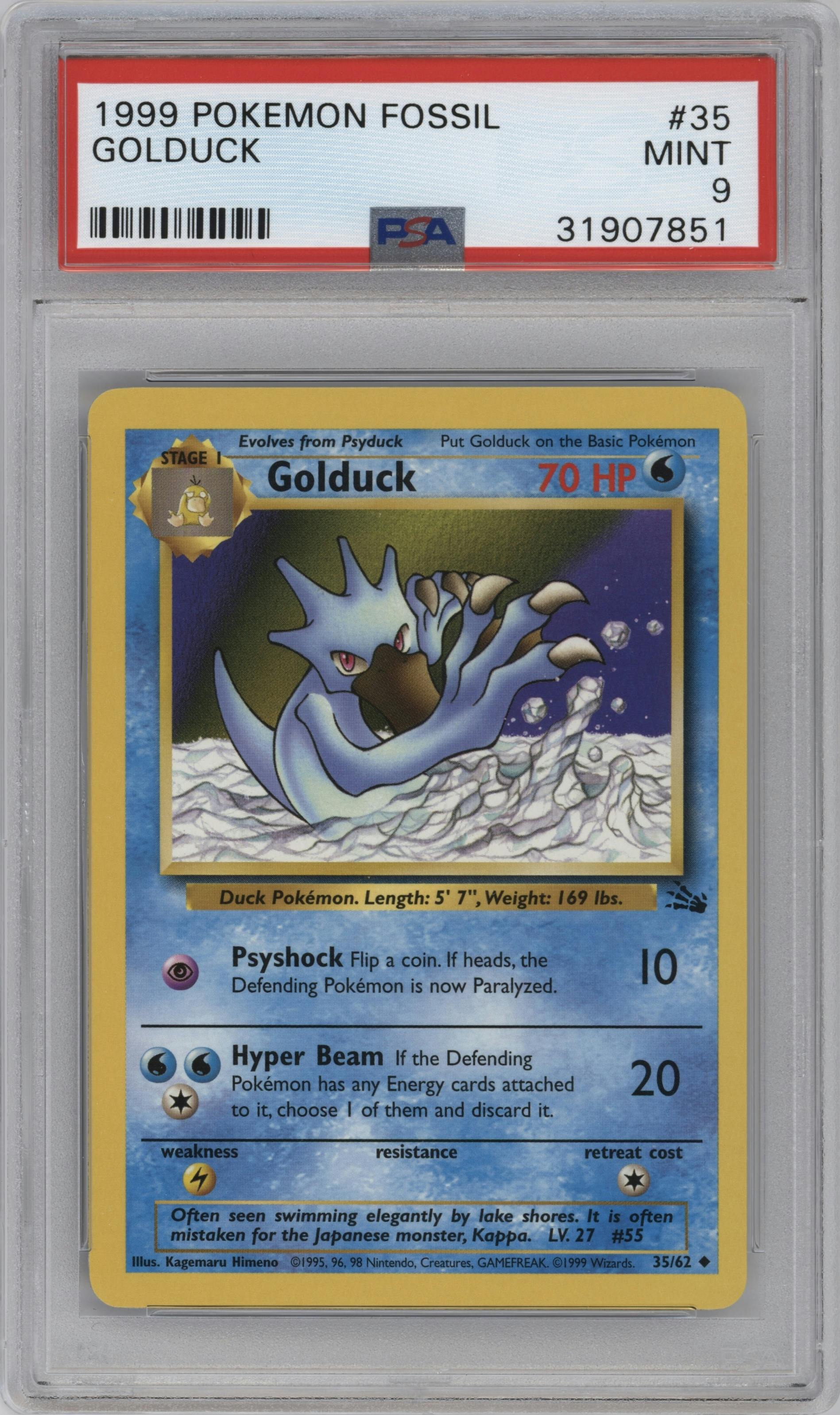 Golduck from the 1999 Pokemon set graded by PSA and given an overall grade of 9.