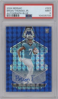 Brian Thomas Jr. from the 2024 Panini Mosaic set featuring a Blue Mosaic parallel graded by PSA and given an overall grade of 9.