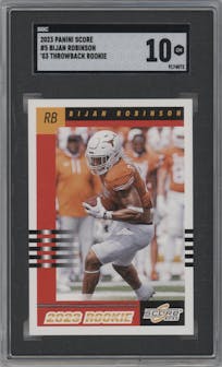 Bijan Robinson from the 2023 Panini Score set graded by SGC and given an overall grade of 10.
