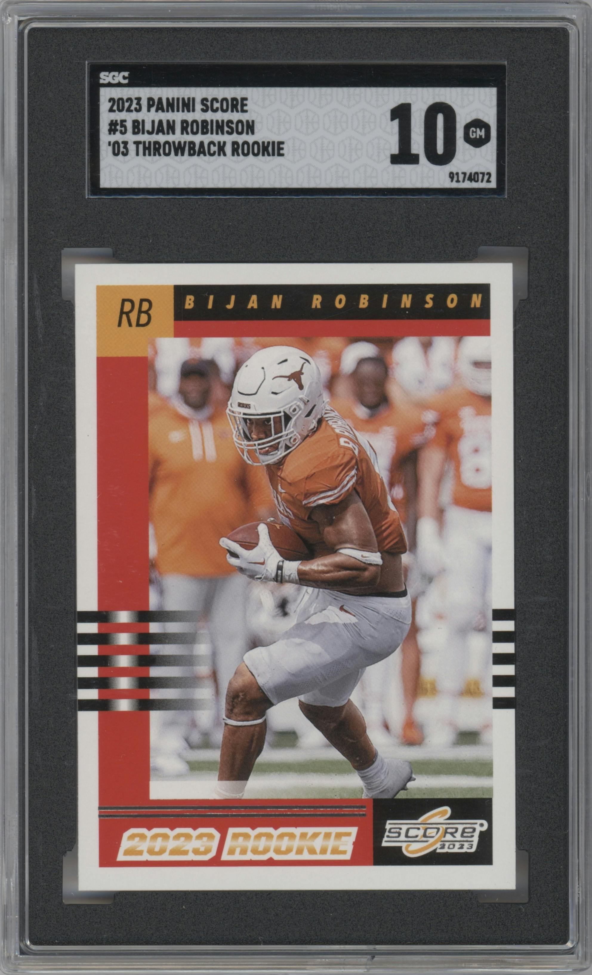 Bijan Robinson from the 2023 Panini Score set graded by SGC and given an overall grade of 10.