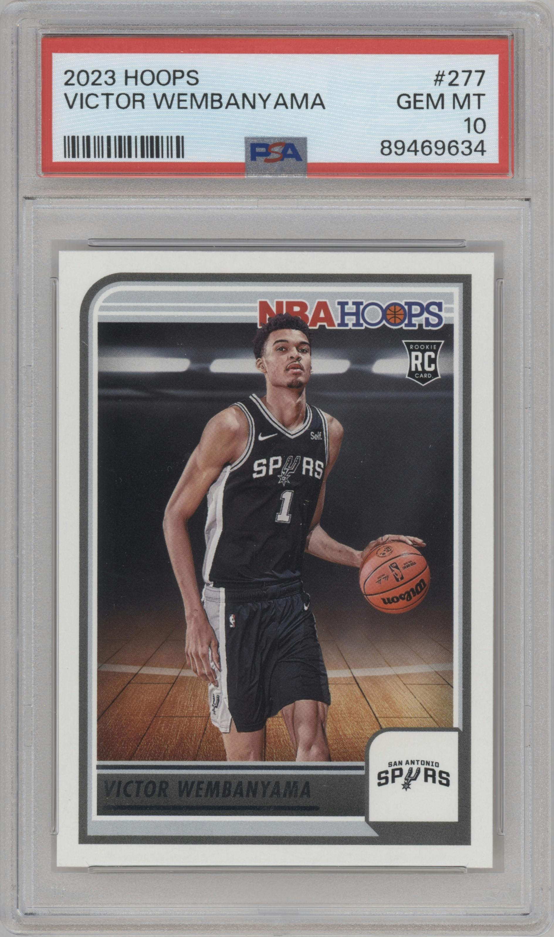 Victor Wembanyama from the 2023-24 Panini NBA Hoops set graded by PSA and given an overall grade of 10.