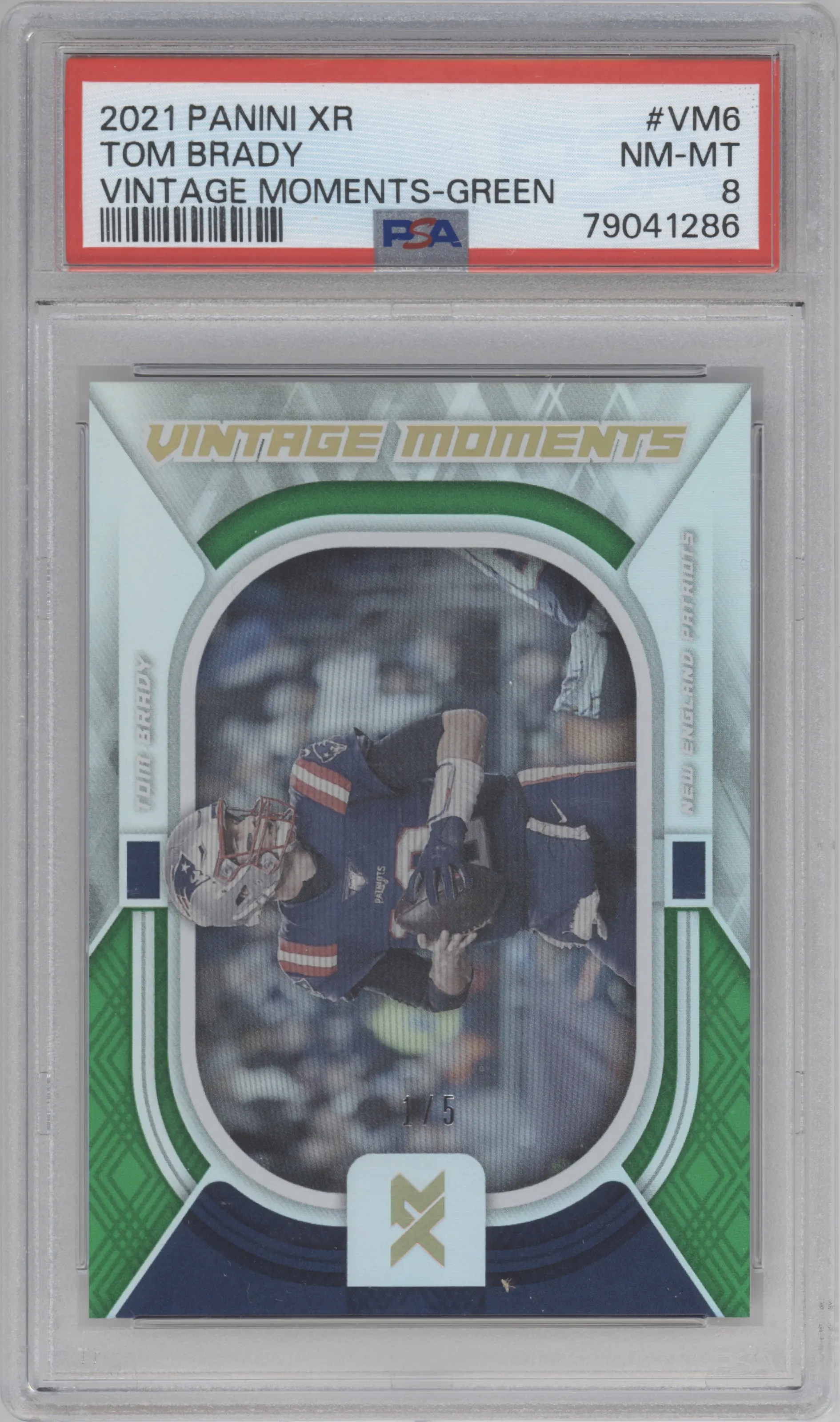 Tom Brady from the 2021 Panini XR set featuring a Green parallel graded by PSA and given an overall grade of 8.