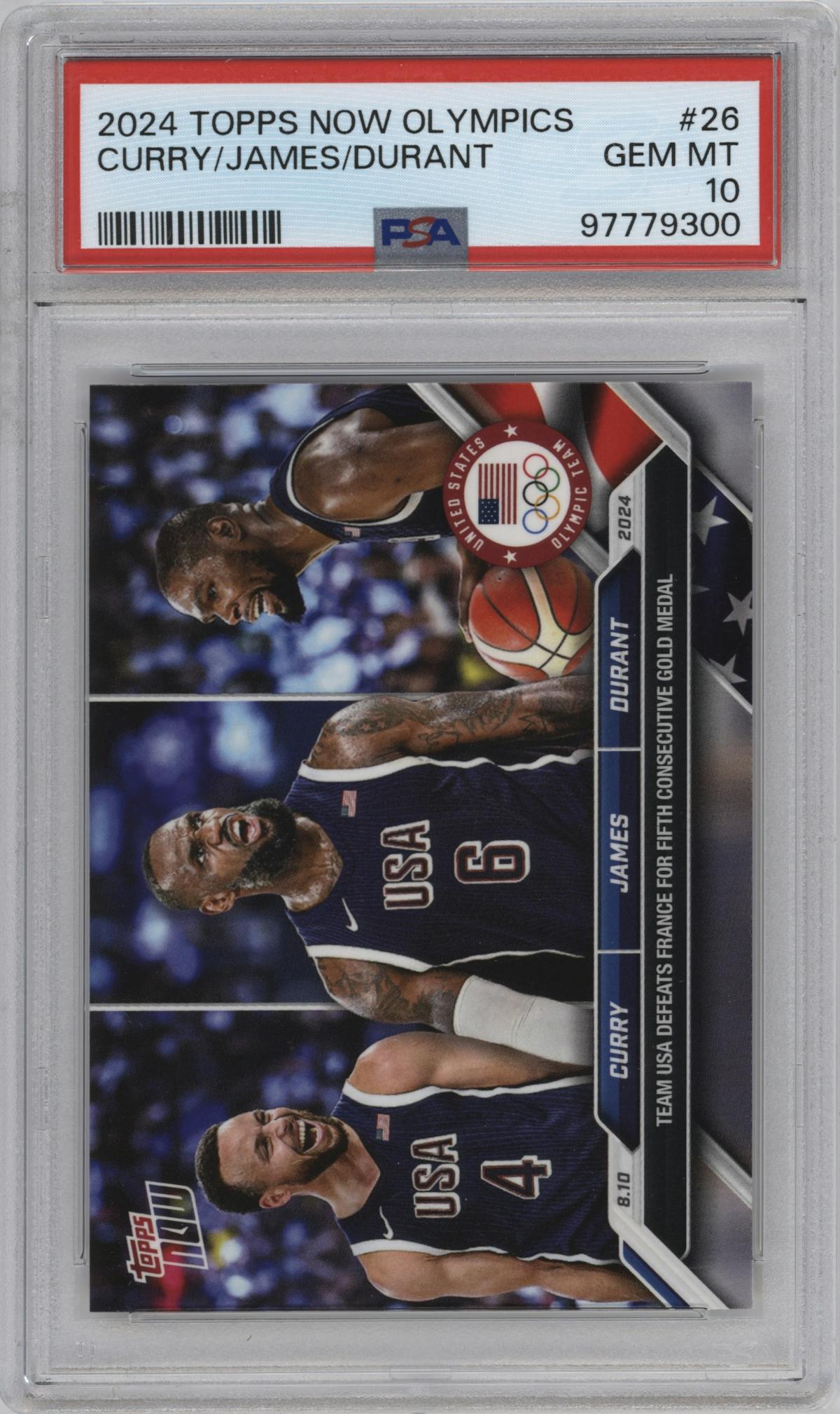 Stephen Curry/LeBron James/Kevin Durant from the 2024 Topps Now Olympics set graded by PSA and given an overall grade of 10.
