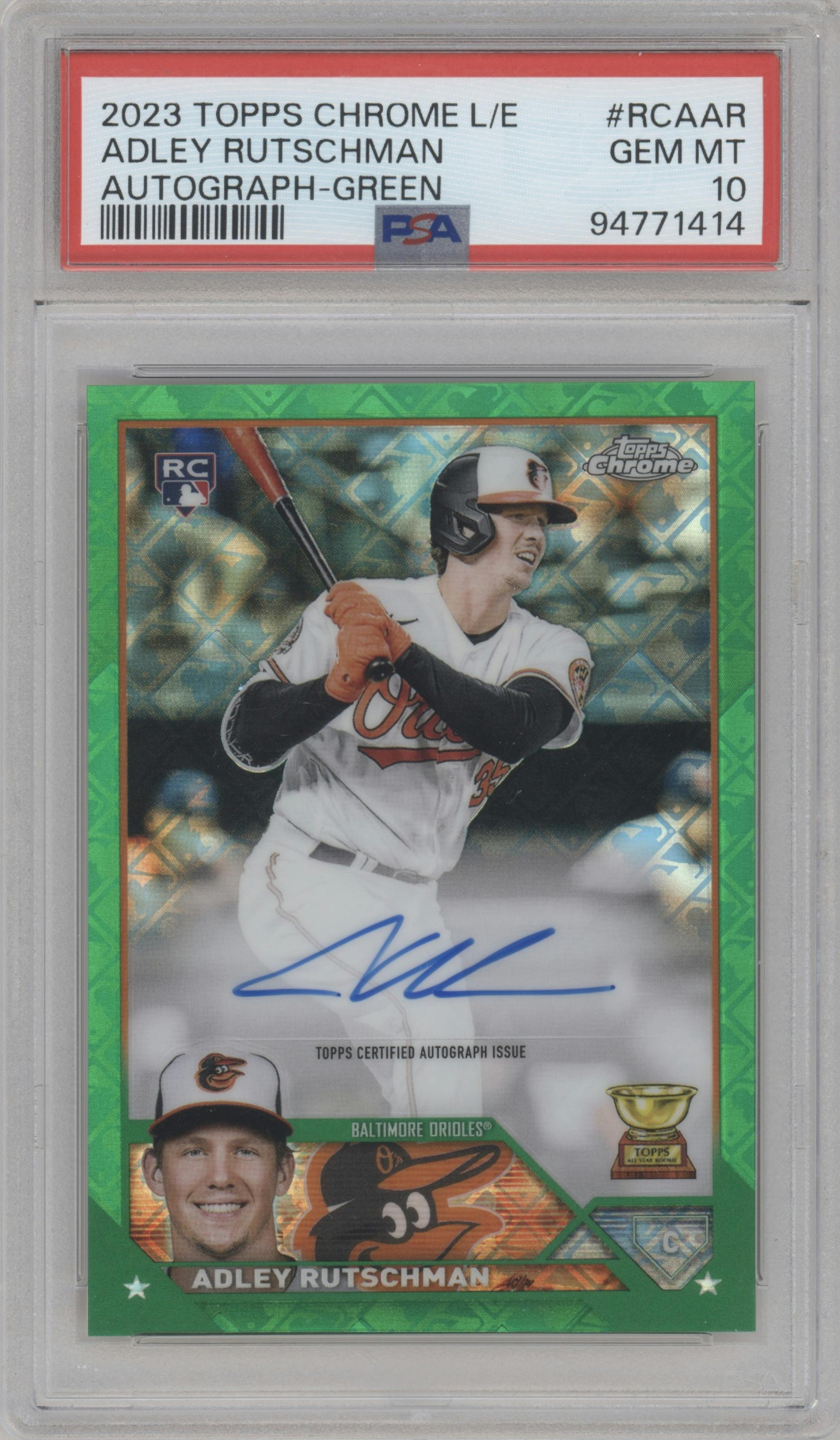 Adley Rutschman from the 2023 Topps Chrome Logofractor Edition set featuring a Green Refractor parallel graded by PSA and given an overall grade of 10.