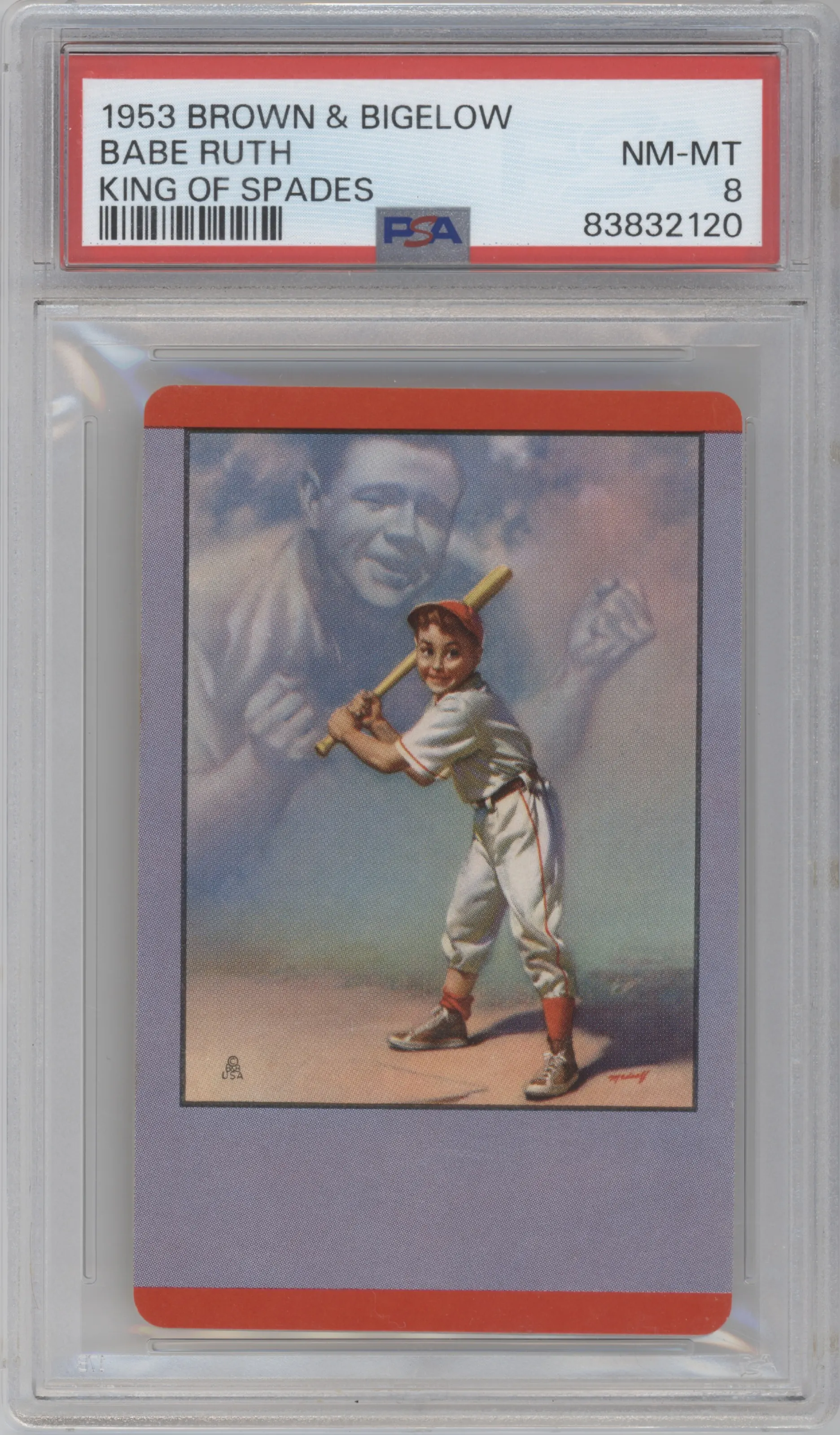 Babe Ruth from the 1953 Brown & Bigelow Playing Cards set graded by PSA and given an overall grade of 8.