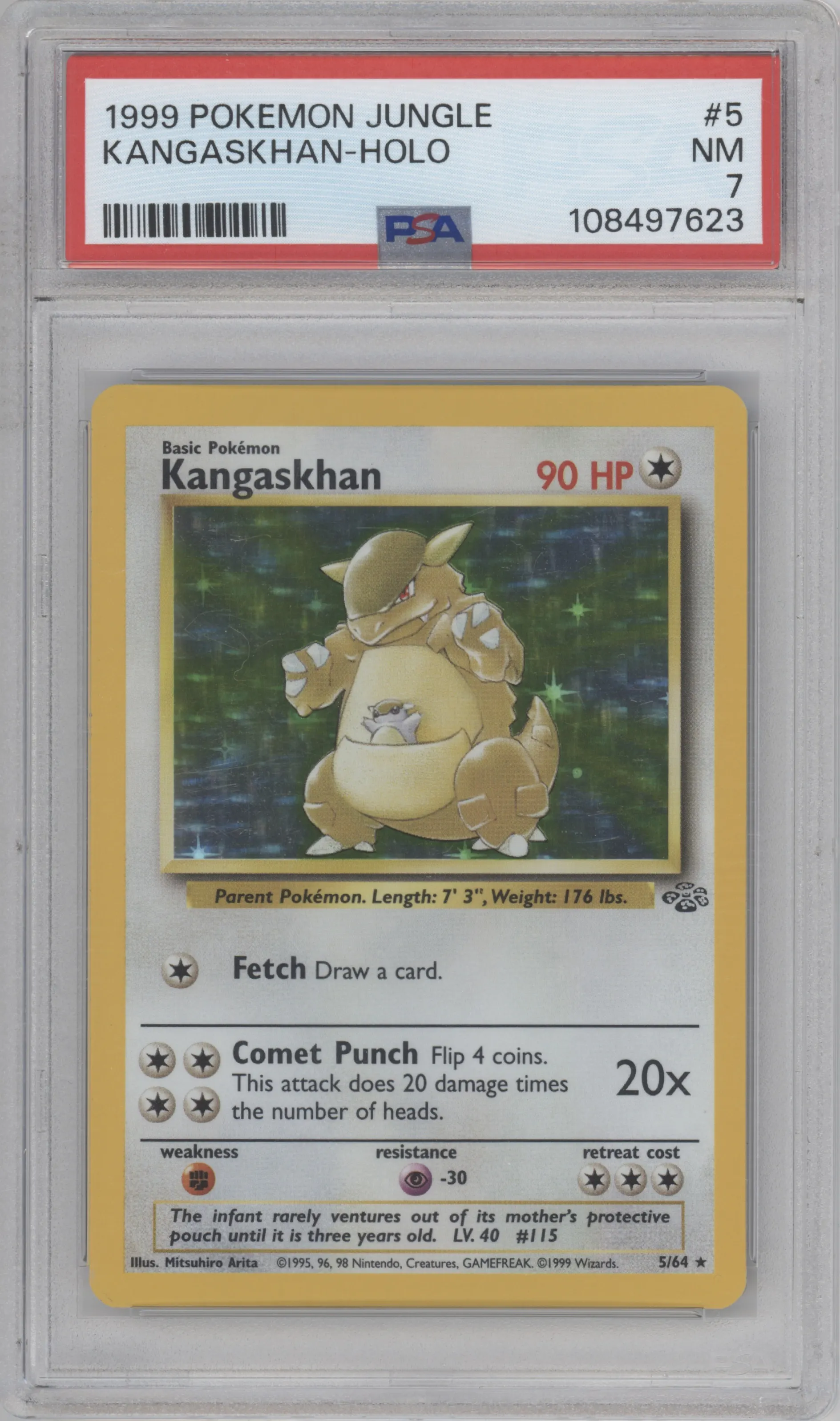 Kangaskhan from the 1999 Pokemon set graded by PSA and given an overall grade of 7.