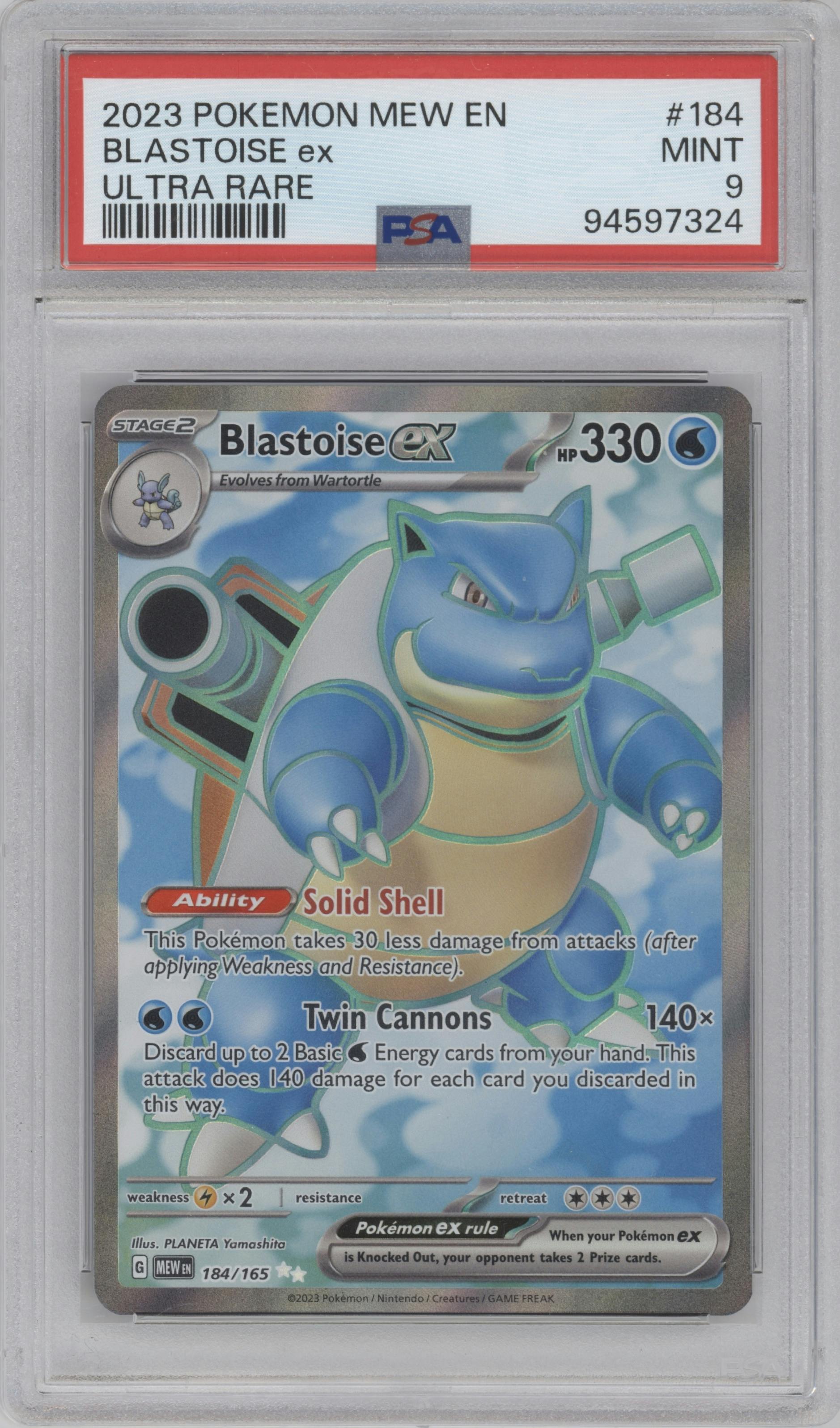 Blastoise ex from the 2023 Pokemon SV set graded by PSA and given an overall grade of 9.