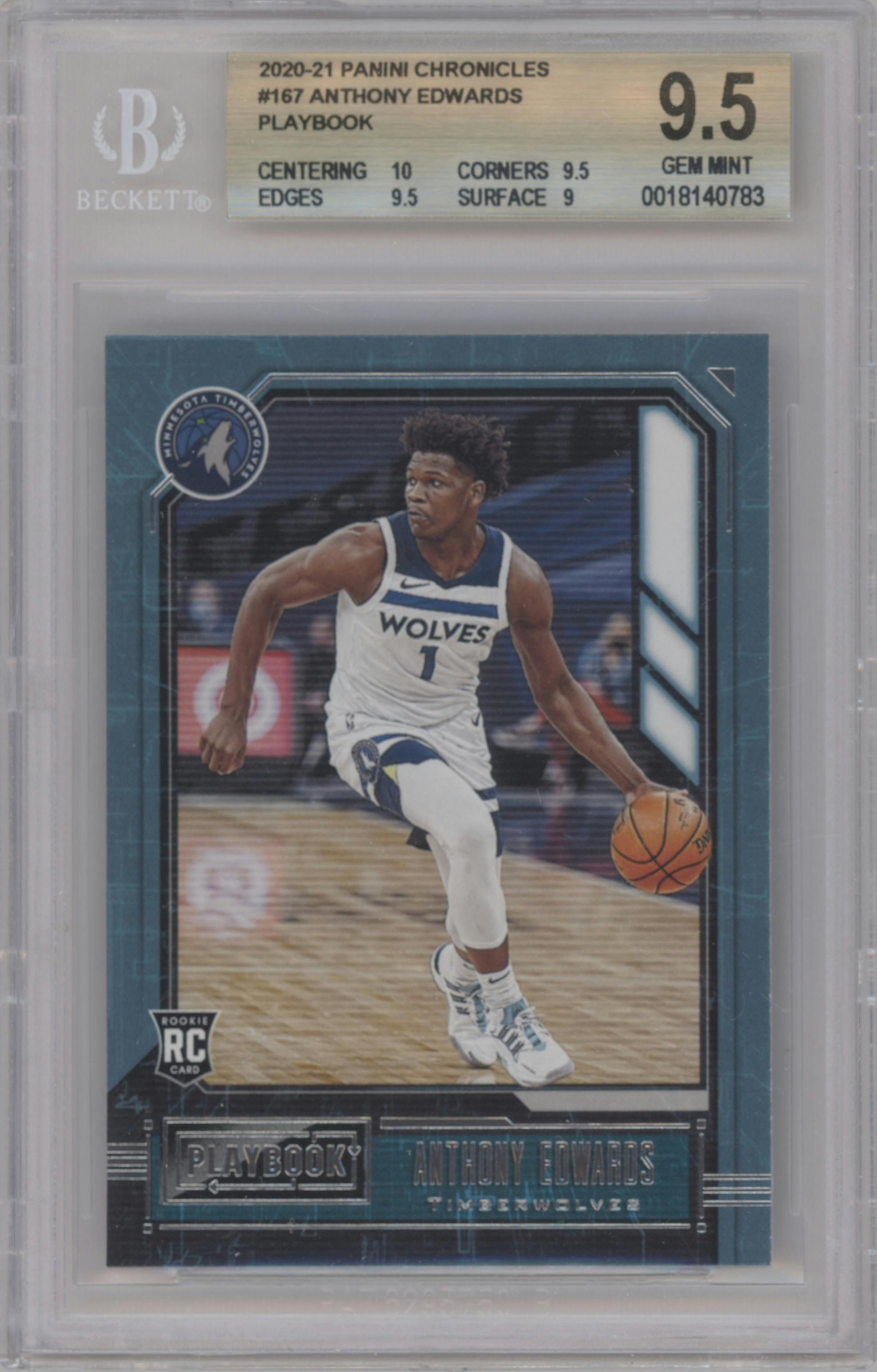 Anthony Edwards from the 2020-21 Panini Chronicles set graded by Beckett and given an overall grade of 9.5.