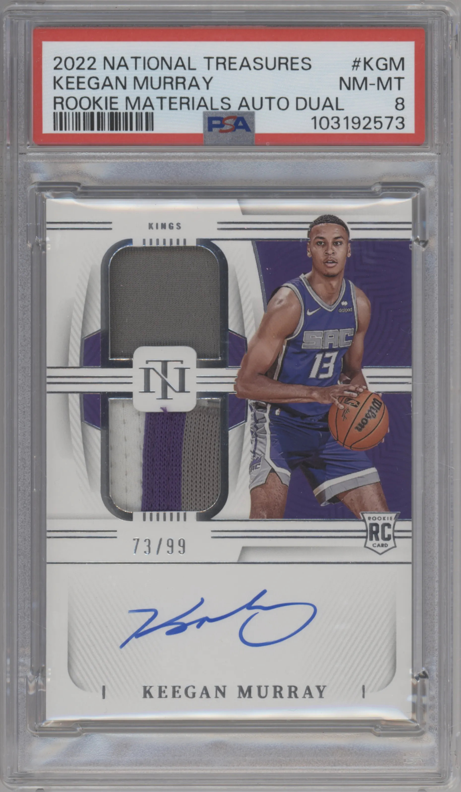 Keegan Murray from the 2022-23 Panini National Treasures set graded by PSA and given an overall grade of 8.