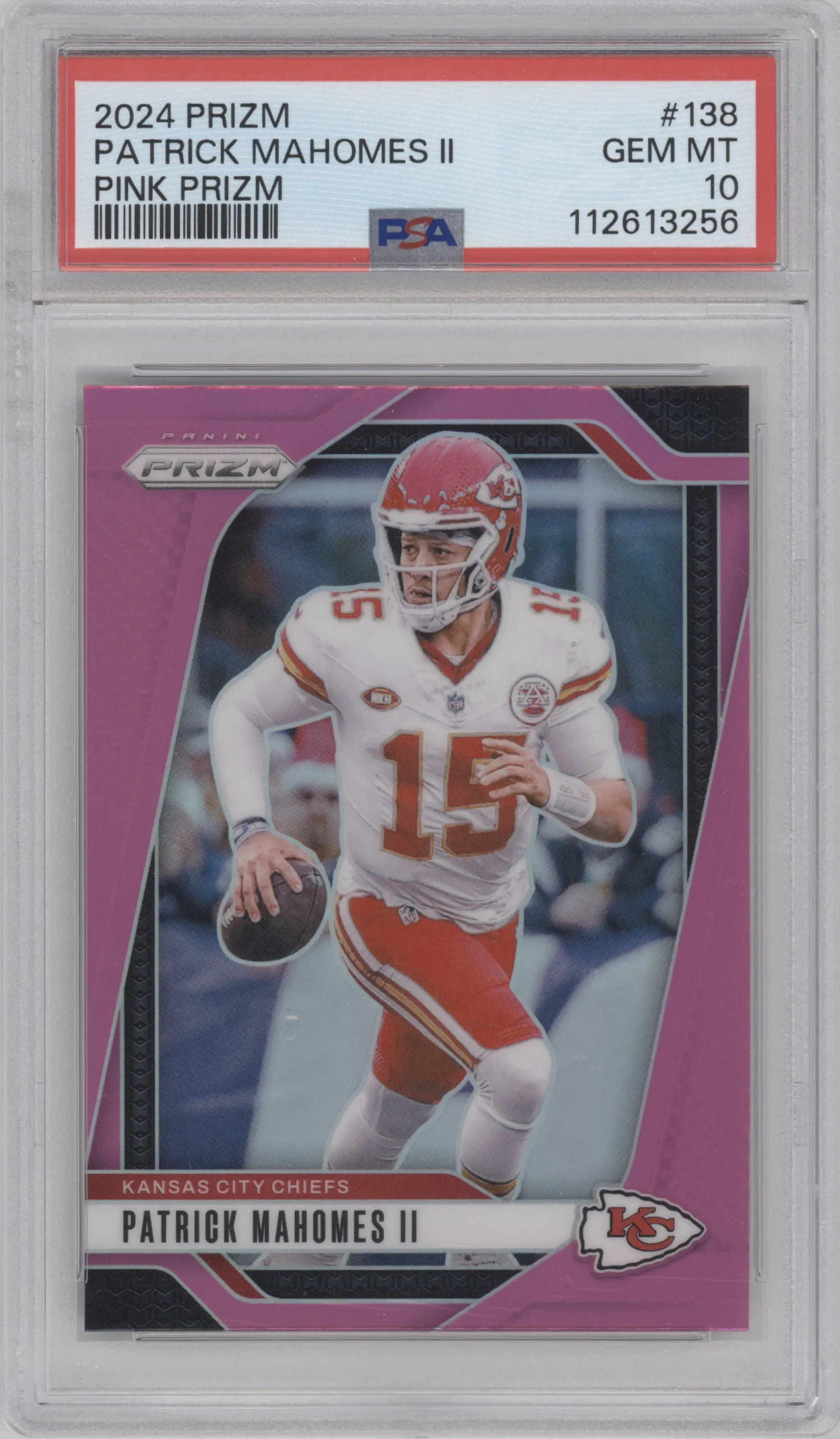 Patrick Mahomes II from the 2024 Panini Prizm set featuring a Pink Prizm parallel graded by PSA and given an overall grade of 10.
