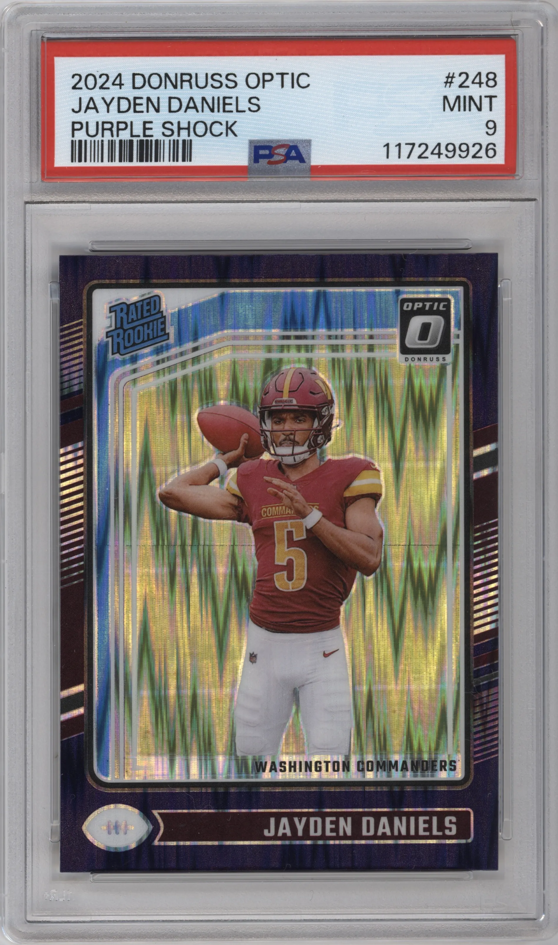 Jayden Daniels from the 2024 Donruss Optic set featuring a Purple Shock parallel graded by PSA and given an overall grade of 9.