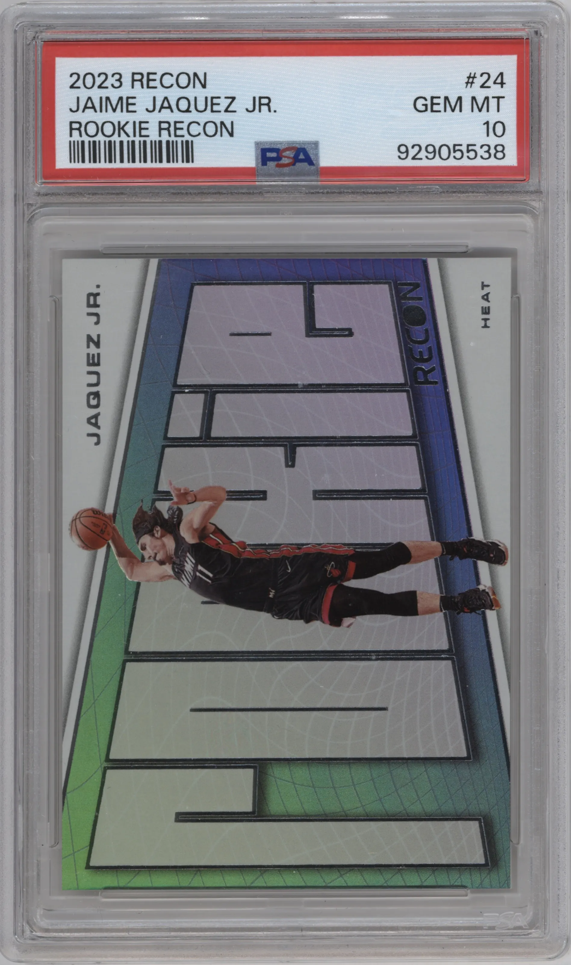Jaime Jaquez Jr. from the 2023-24 Panini Recon set graded by PSA and given an overall grade of 10.