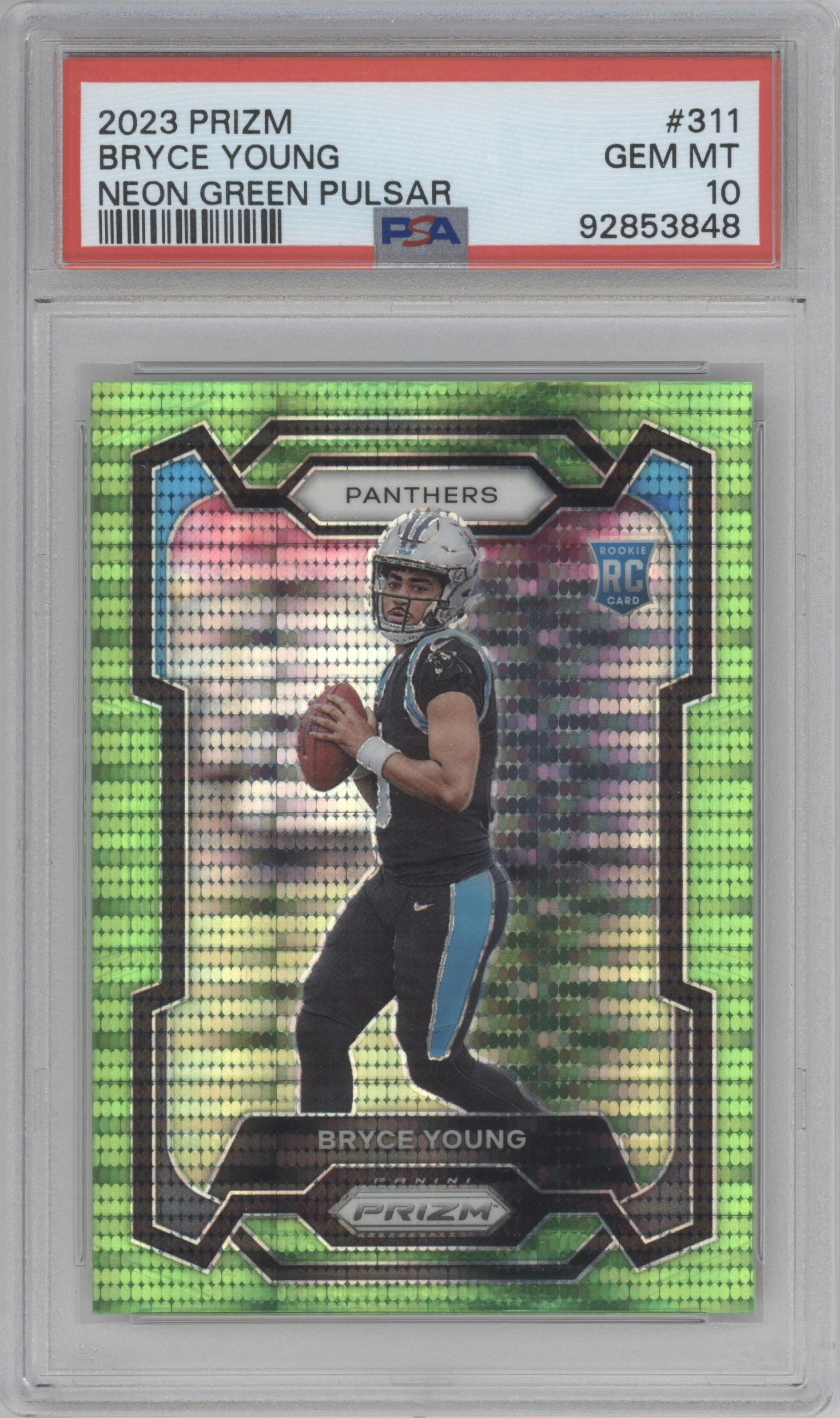 Bryce Young from the 2023 Panini Prizm set featuring a Neon Green Pulsar parallel graded by PSA and given an overall grade of 10.