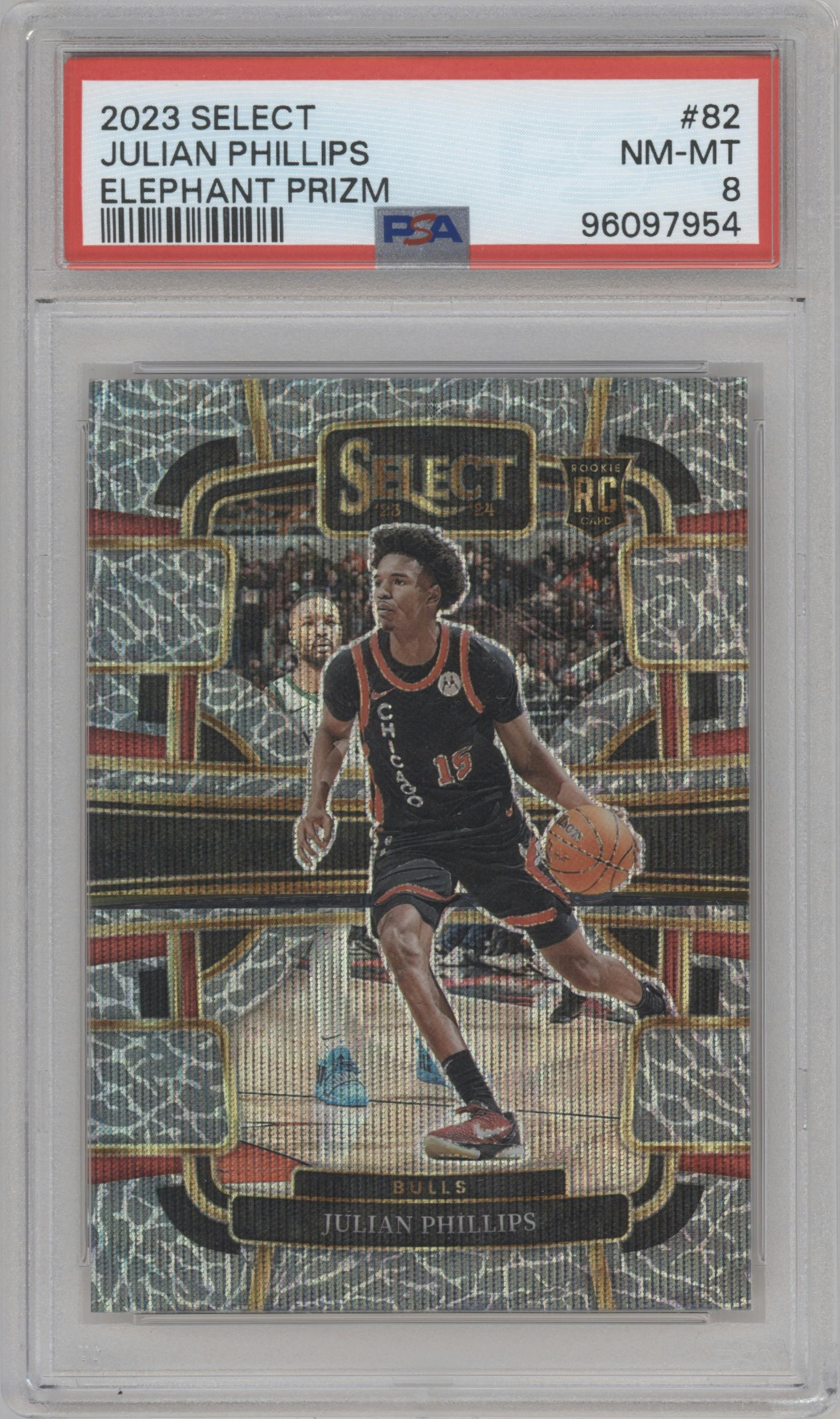 Julian Phillips from the 2023-24 Panini Select  set featuring a Elephant Prizm parallel graded by PSA and given an overall grade of 8.