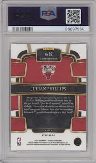 Julian Phillips from the 2023-24 Panini Select  set featuring a Elephant Prizm parallel graded by PSA and given an overall grade of 8.