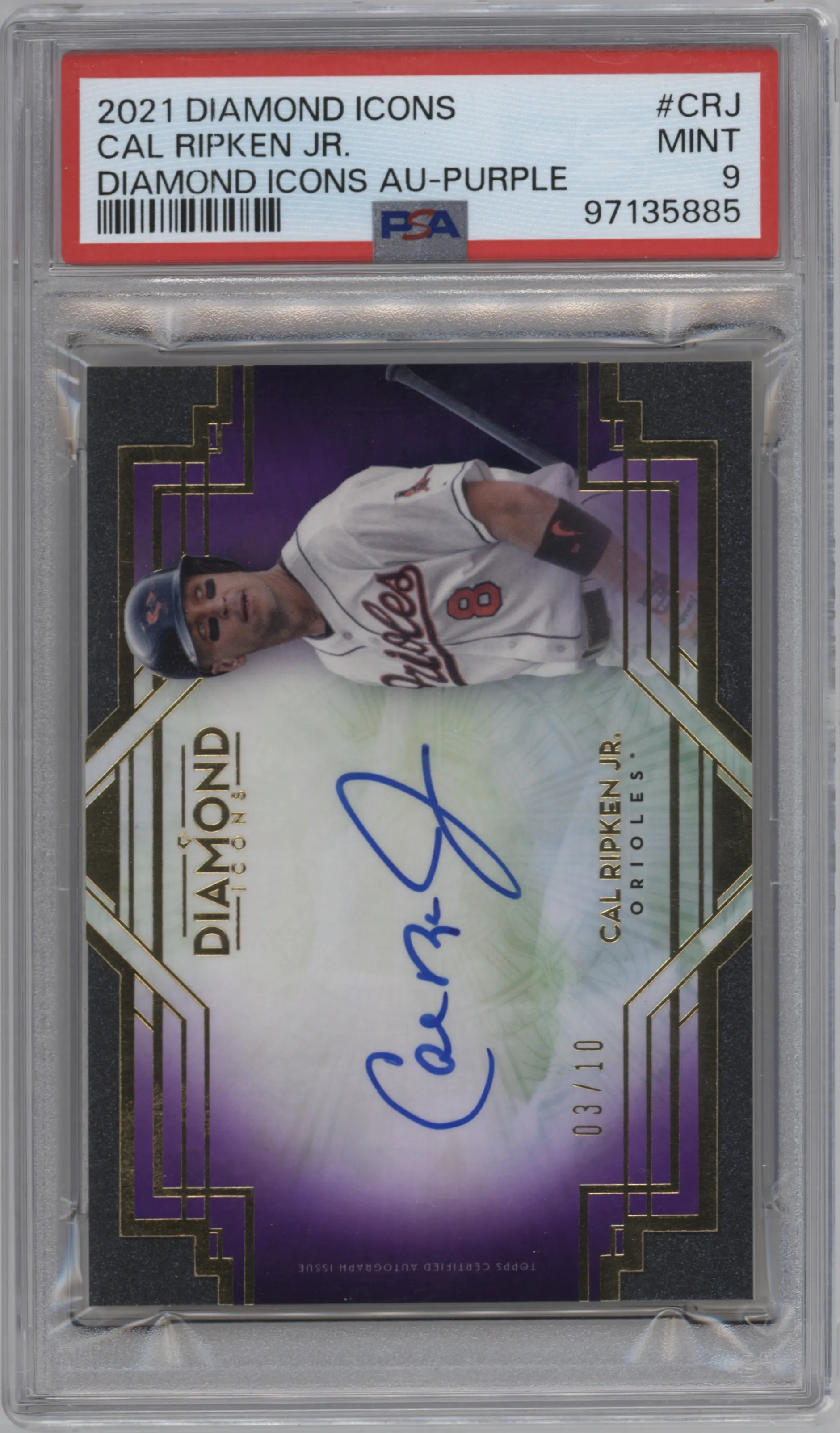 Cal Ripken Jr. from the 2021 Topps Diamond Icons set featuring a Purple parallel graded by PSA and given an overall grade of 9.