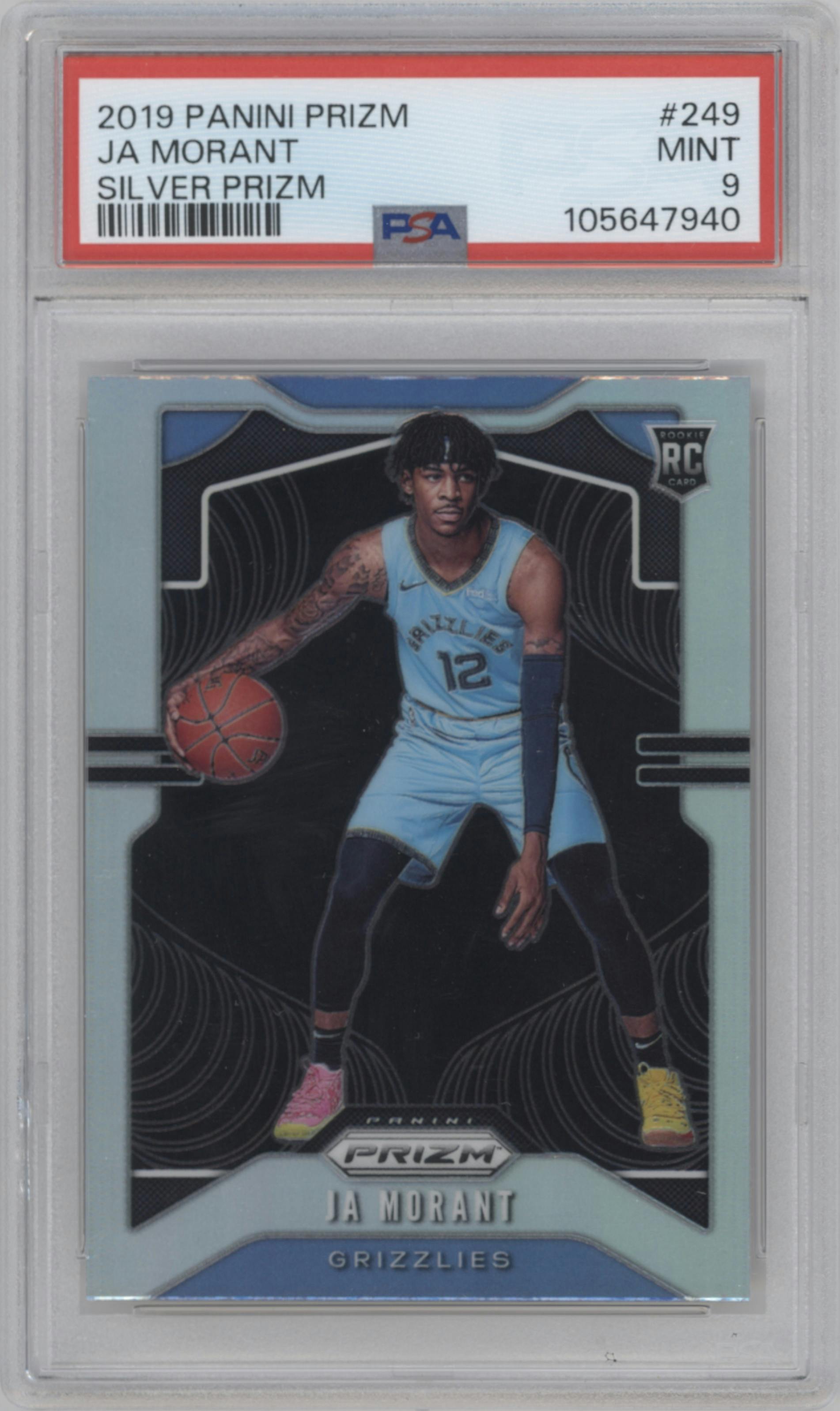 Ja Morant from the 2019-20 Panini Prizm set featuring a Silver Prizm parallel graded by PSA and given an overall grade of 9.