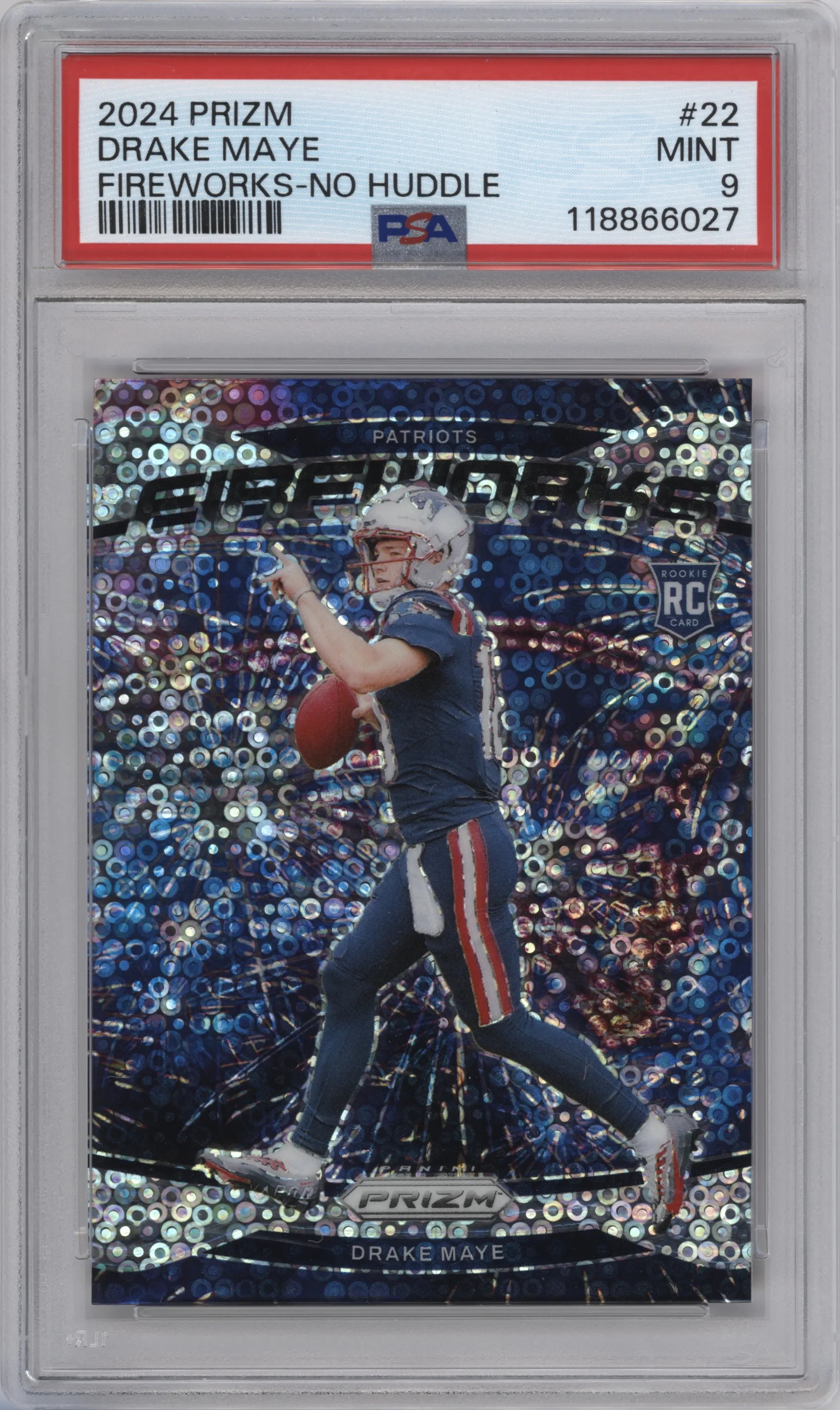 Drake Maye from the 2024 Panini Prizm set featuring a No Huddle parallel graded by PSA and given an overall grade of 9.