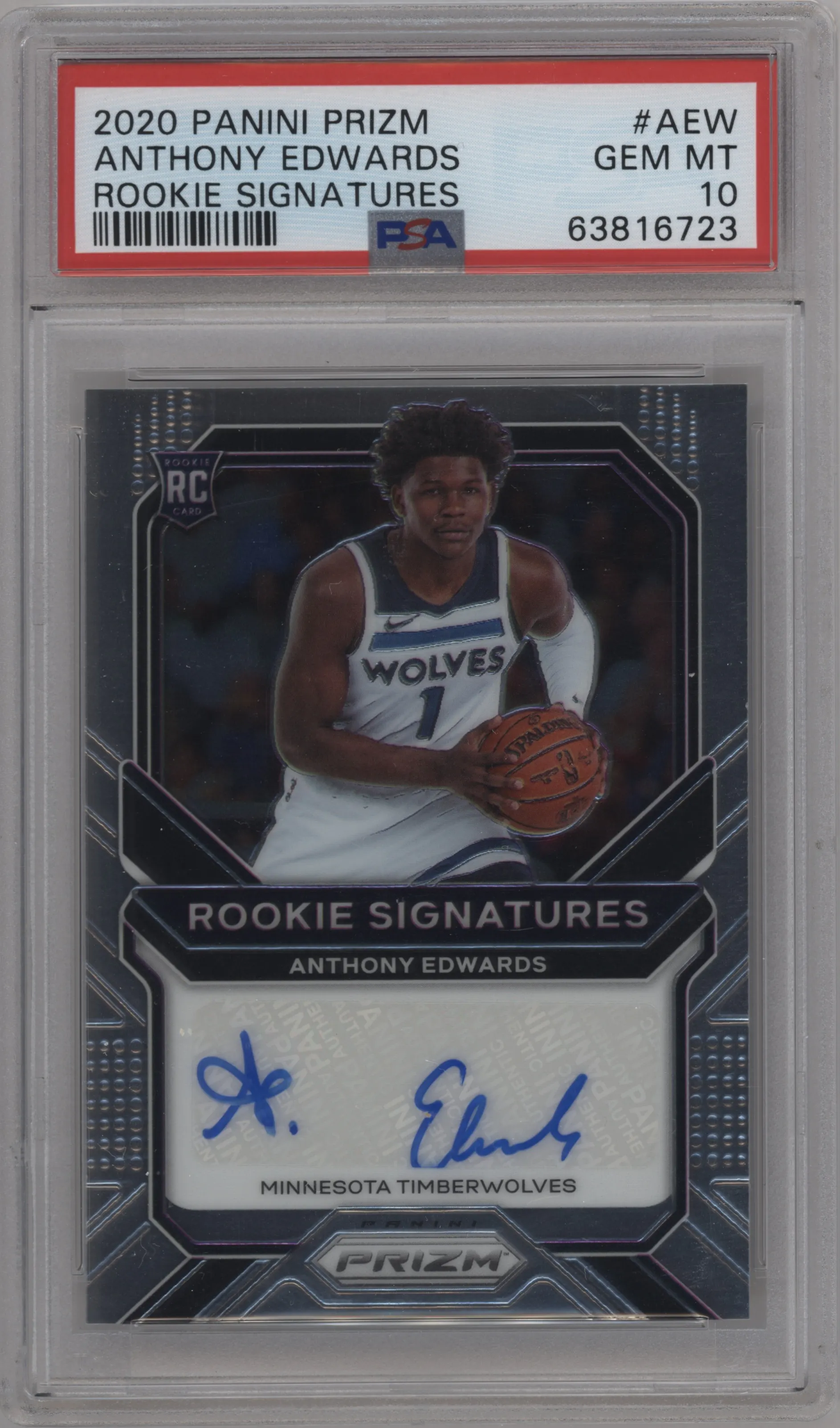 Anthony Edwards from the 2020-21 Panini Prizm set graded by PSA and given an overall grade of 10.