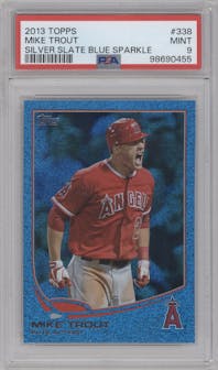 Mike Trout  from the 2013 Topps Series 2 set featuring a Silver Slate Blue Sparkle parallel graded by PSA and given an overall grade of 9.