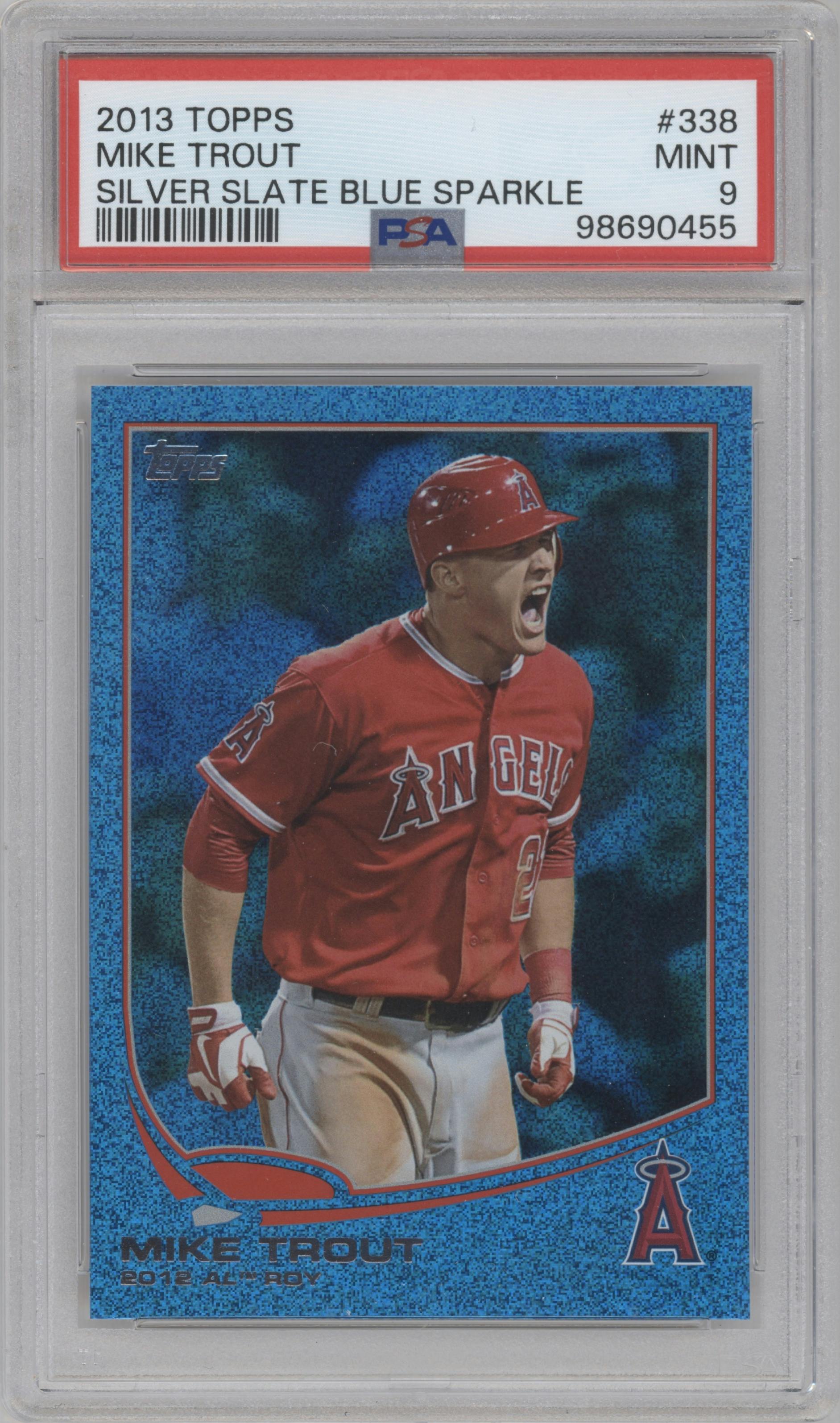 Mike Trout  from the 2013 Topps Series 2 set featuring a Silver Slate Blue Sparkle parallel graded by PSA and given an overall grade of 9.