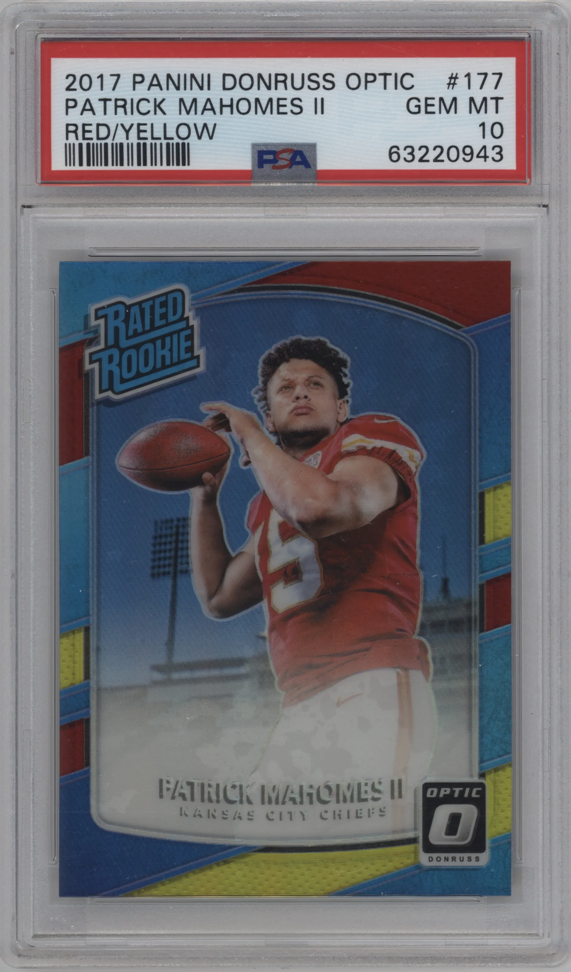 2017 Panini Donruss Optic Rated Rookie Patrick Mahomes II Red/Yellow #177 PSA 10